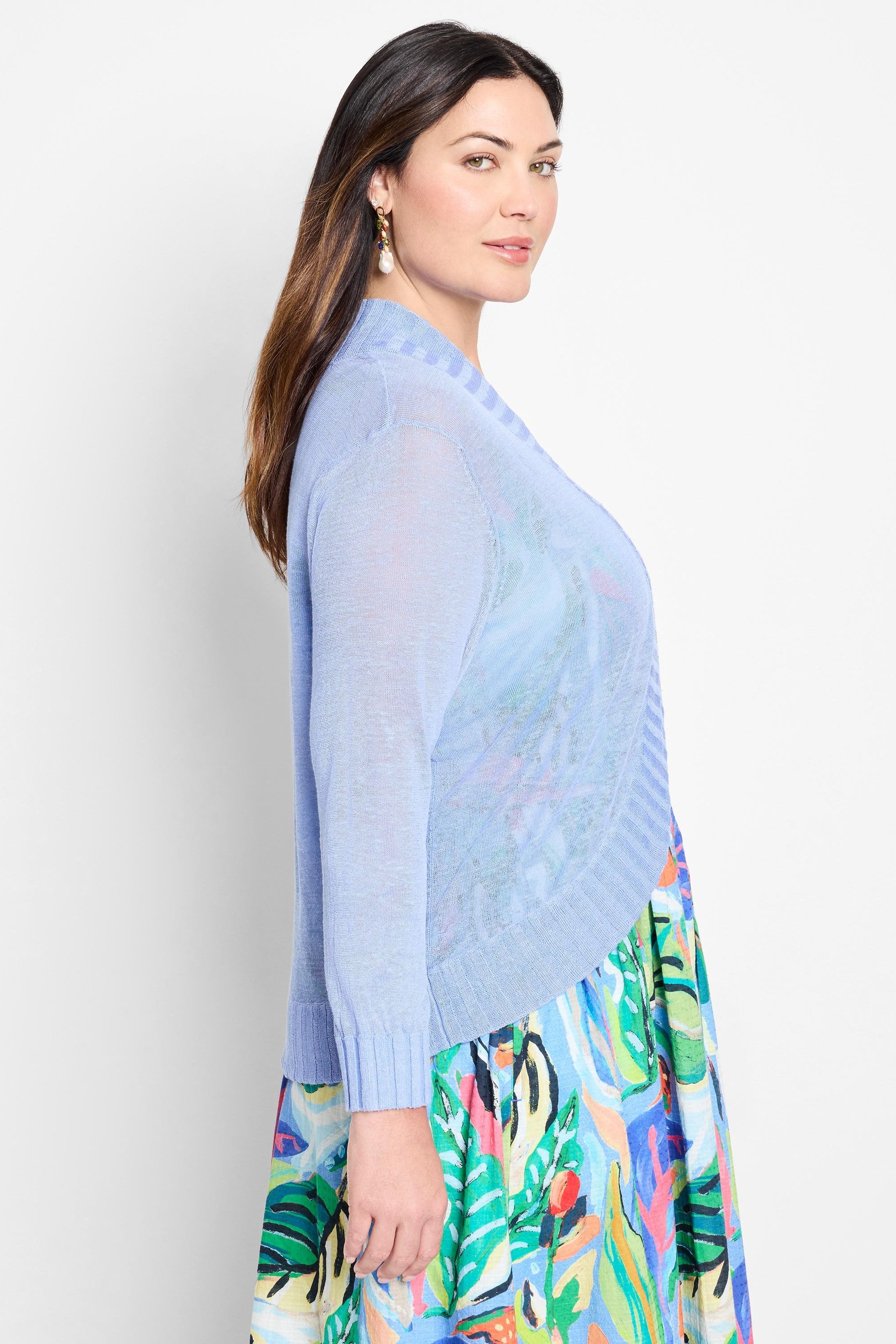 Periwinkle blue bolero cardigan, lightweight sheer knit, open front, long sleeves, ribbed cuffs & hem.