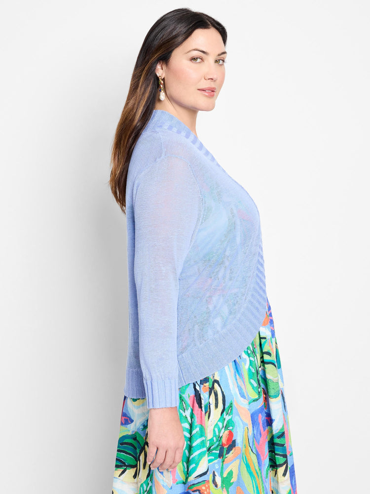 Periwinkle blue bolero cardigan, lightweight sheer knit, open front, long sleeves, ribbed cuffs & hem.
