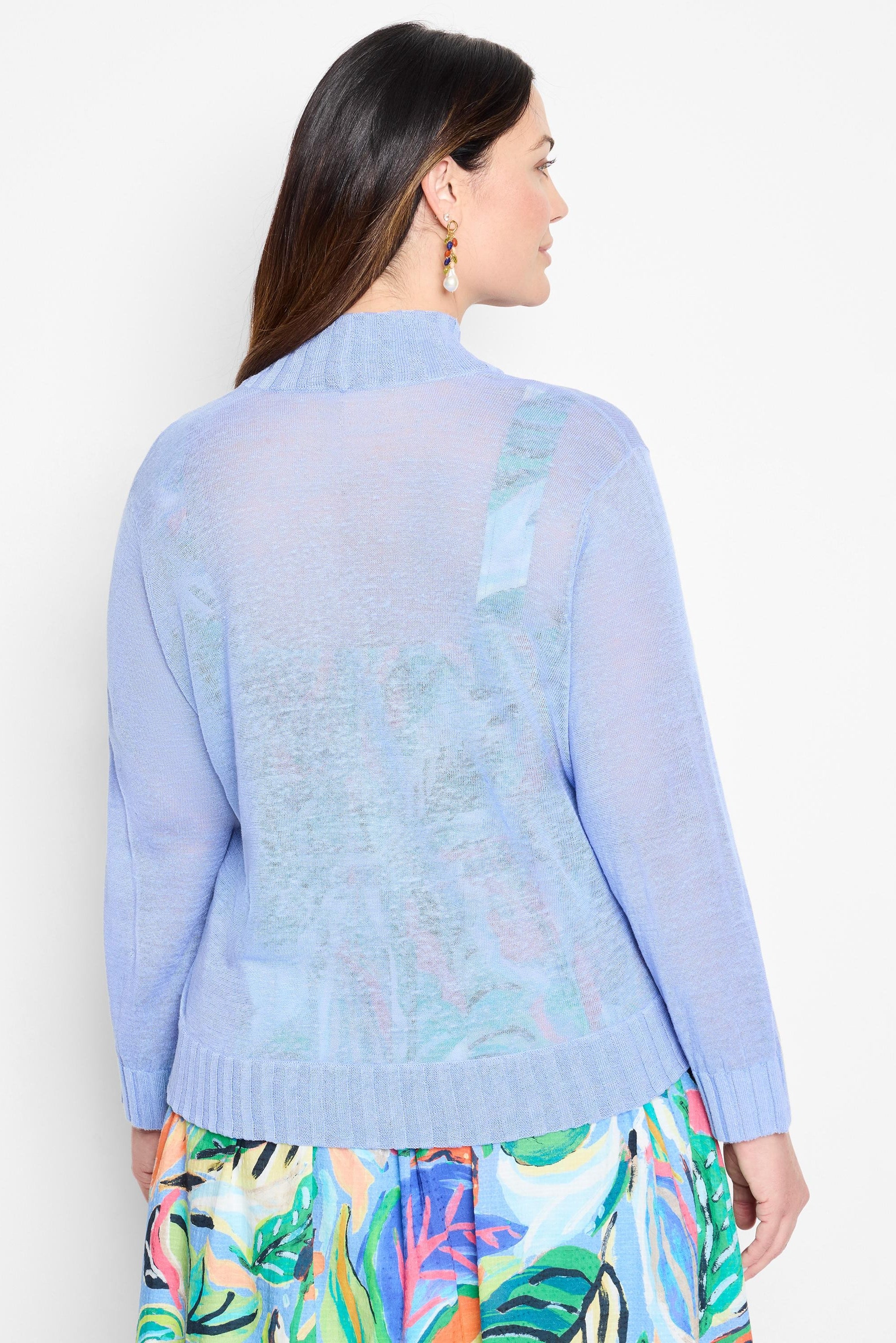 Periwinkle sheer knit cardigan with long sleeves, ribbed cuffs and hem.