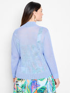 Periwinkle sheer knit cardigan with long sleeves, ribbed cuffs and hem.