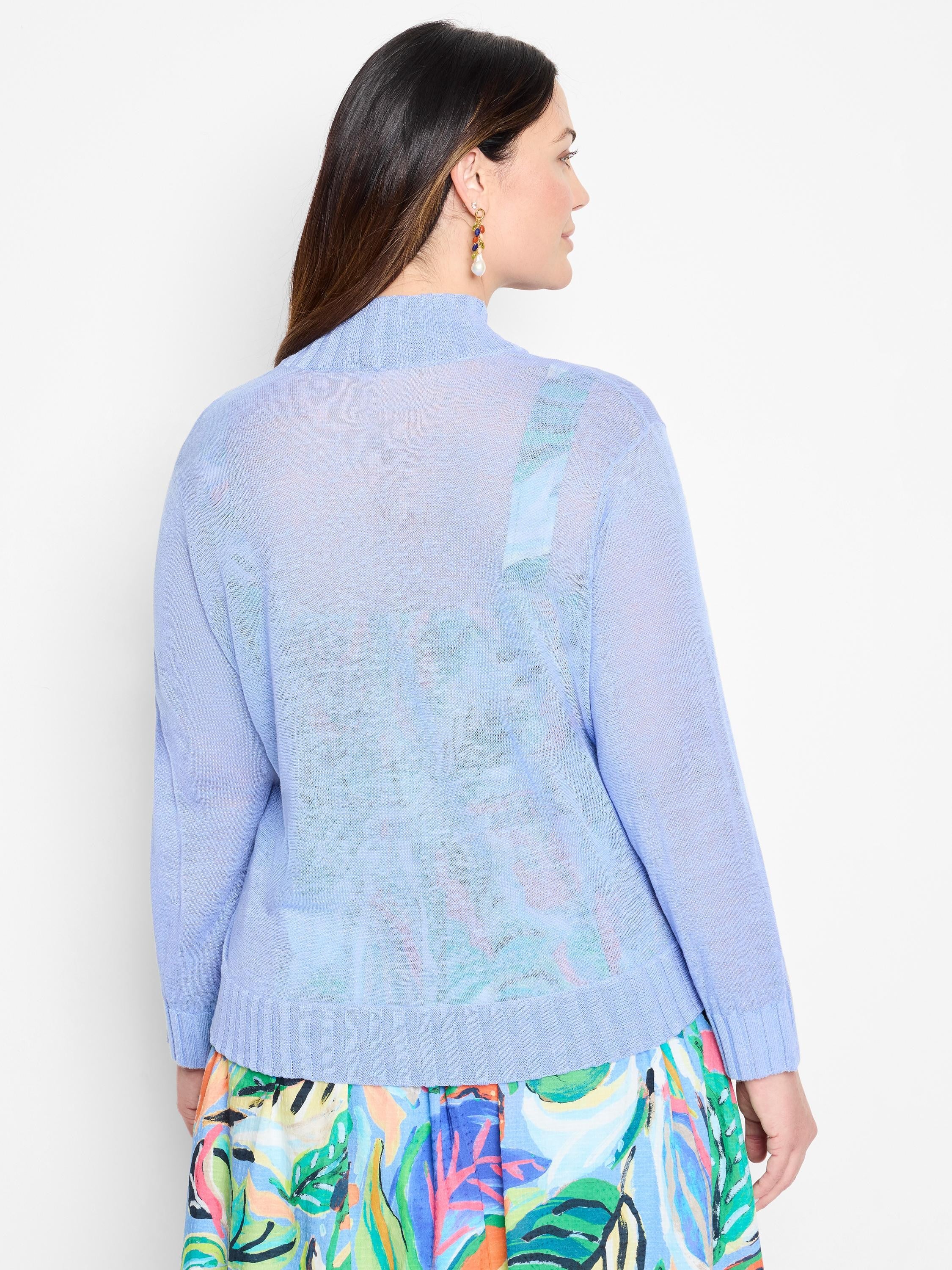 Periwinkle sheer knit cardigan with long sleeves, ribbed cuffs and hem.