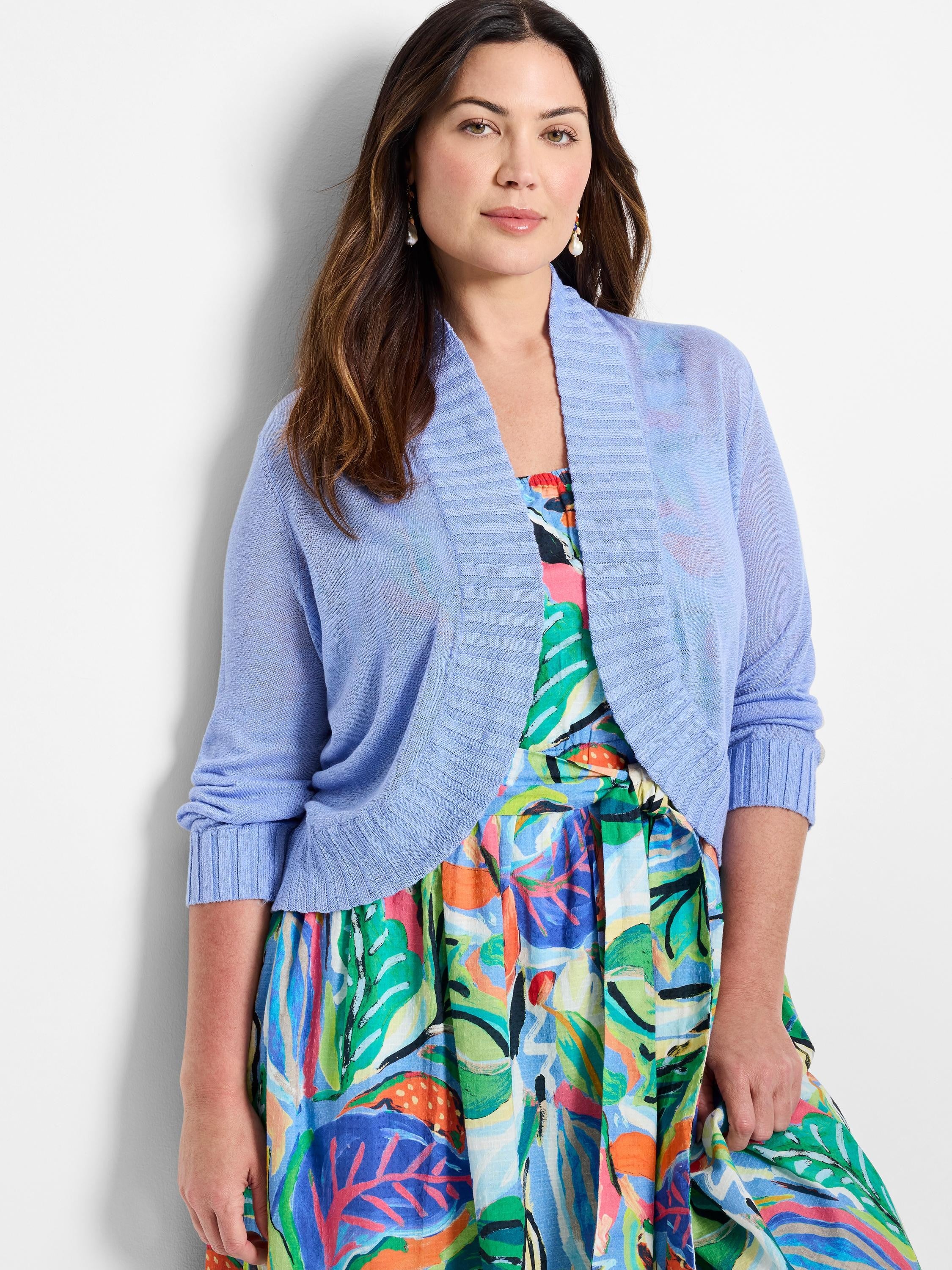 Periwinkle blue bolero cardigan with ribbed open front, 3/4 sleeves, and fine knit texture.