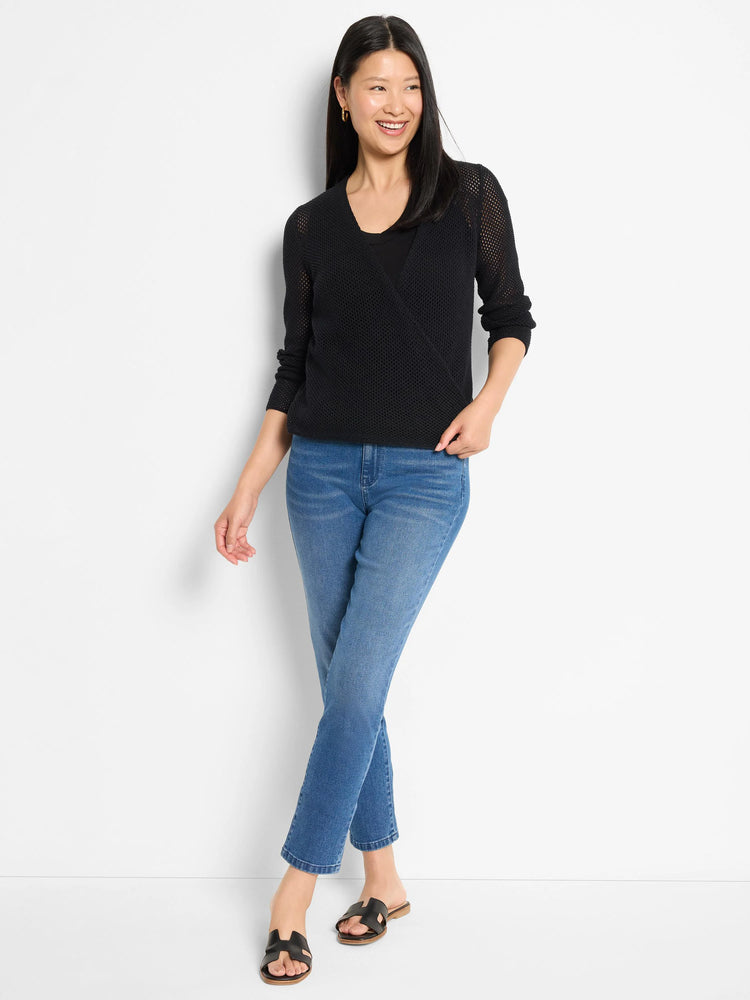 Black mesh knit wrap cardigan with V-neck and long sleeves.