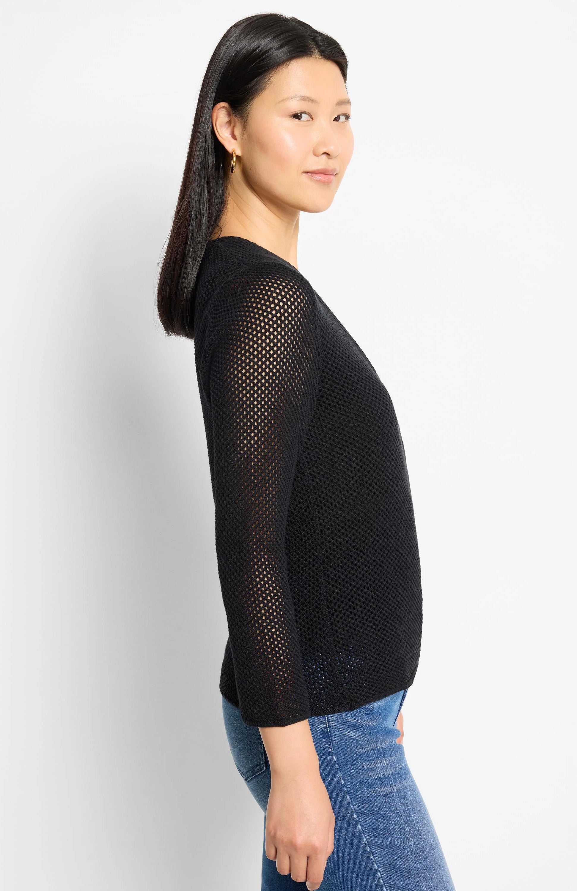 Black mesh knit cardigan with an open weave texture and 3/4 length sleeves, modeled on a person.