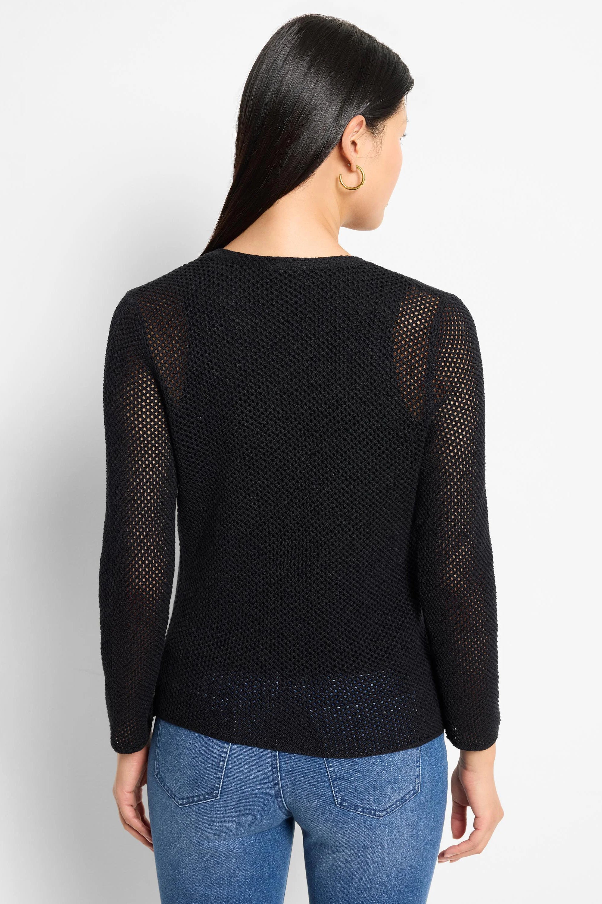 Black mesh cardigan features an open-knit texture, sheer long sleeves, and a round neckline, seen from behind.