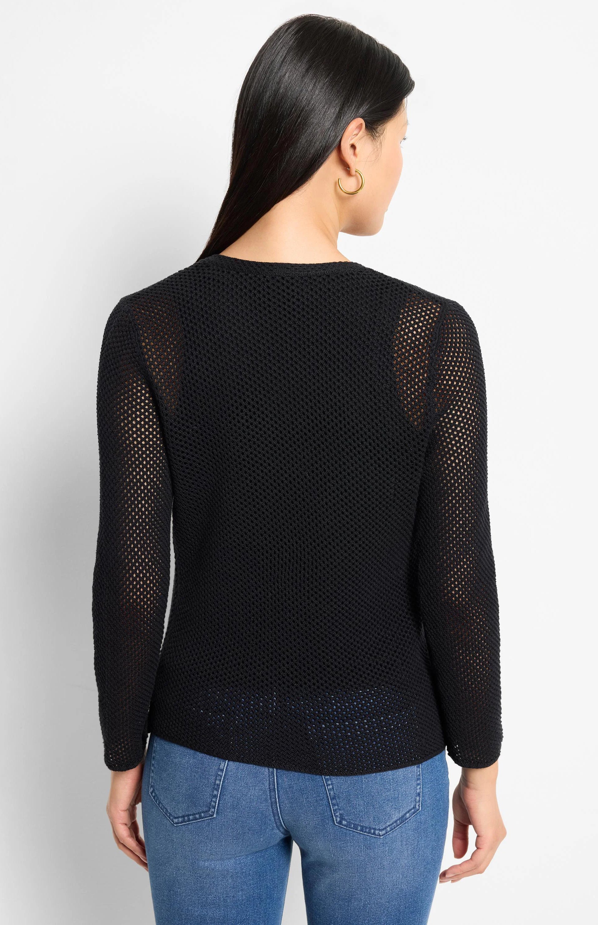 Black mesh cardigan features an open-knit texture, sheer long sleeves, and a round neckline, seen from behind.
