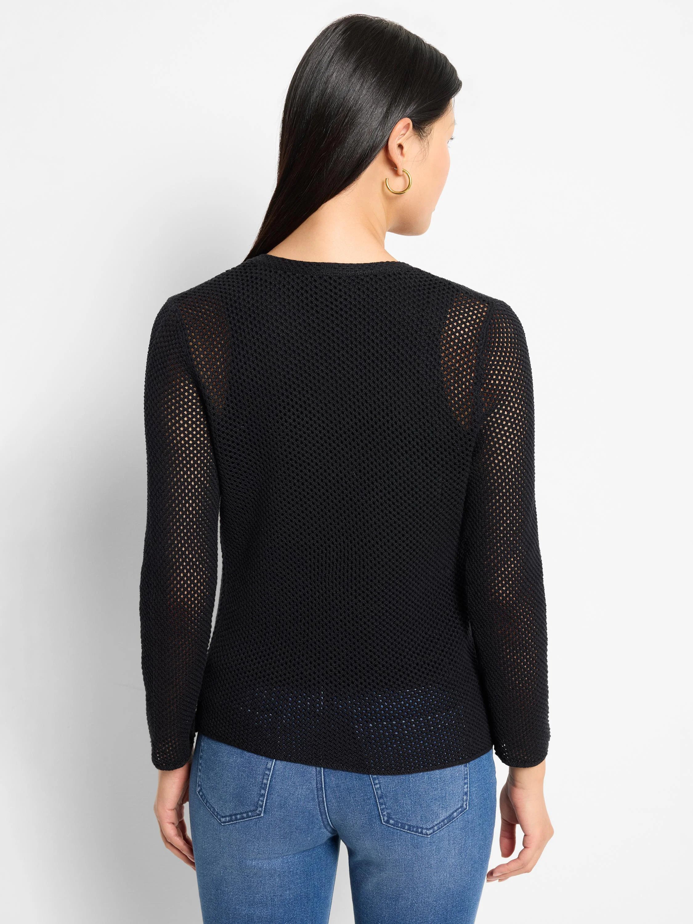Black mesh cardigan features an open-knit texture, sheer long sleeves, and a round neckline, seen from behind.