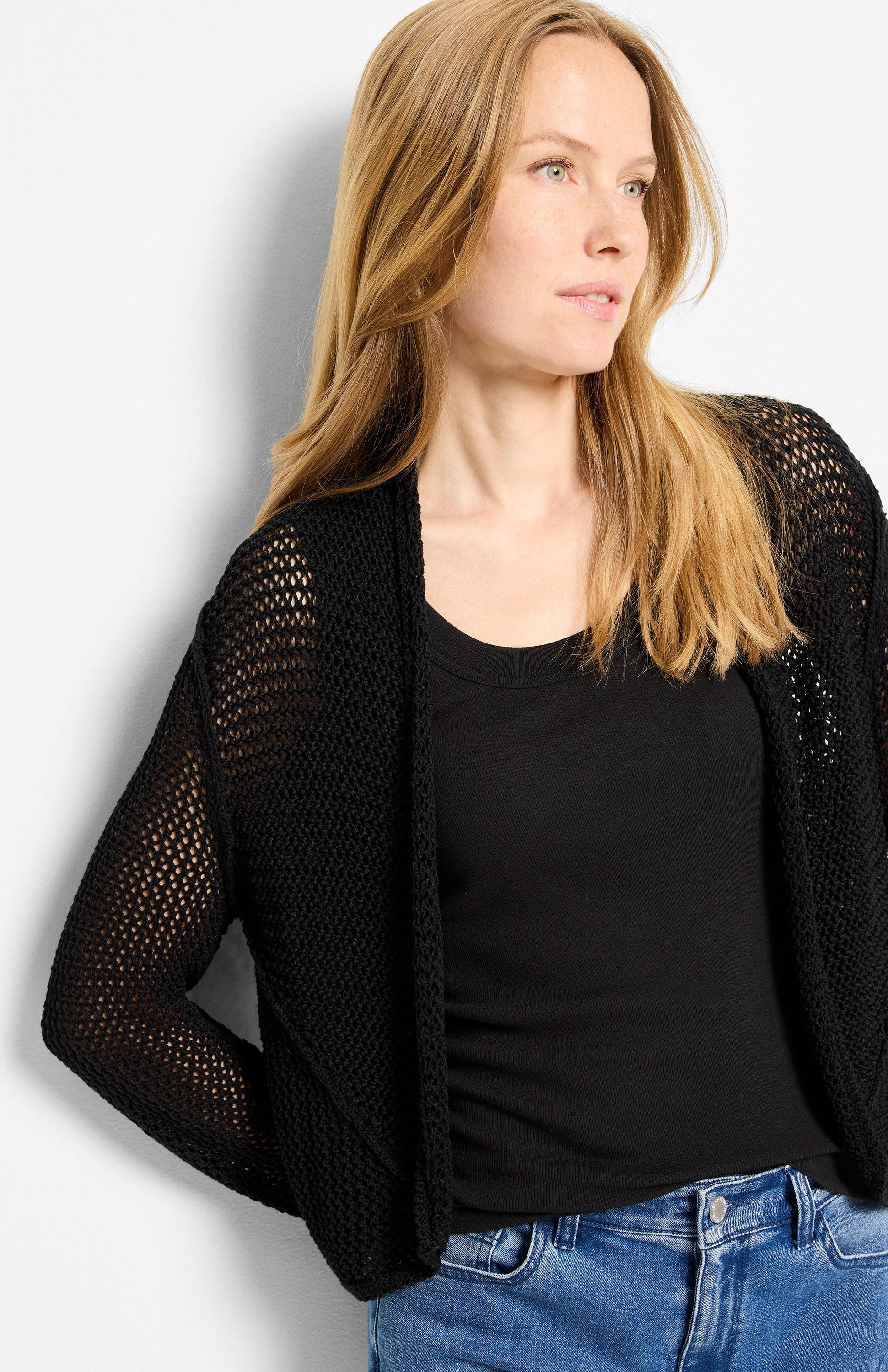 Black mesh open-front cardigan with a loose, cocoon-style fit.