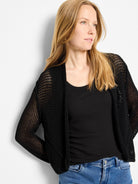 Black mesh open-front cardigan with a loose, cocoon-style fit.