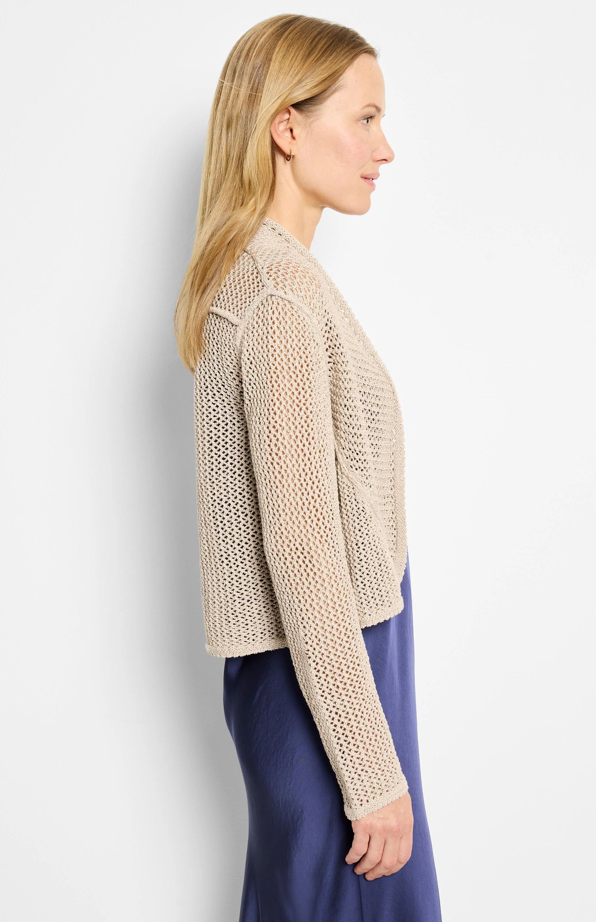 Light tan open-front mesh cardigan with long sleeves, featuring a distinct, loose open knit construction.