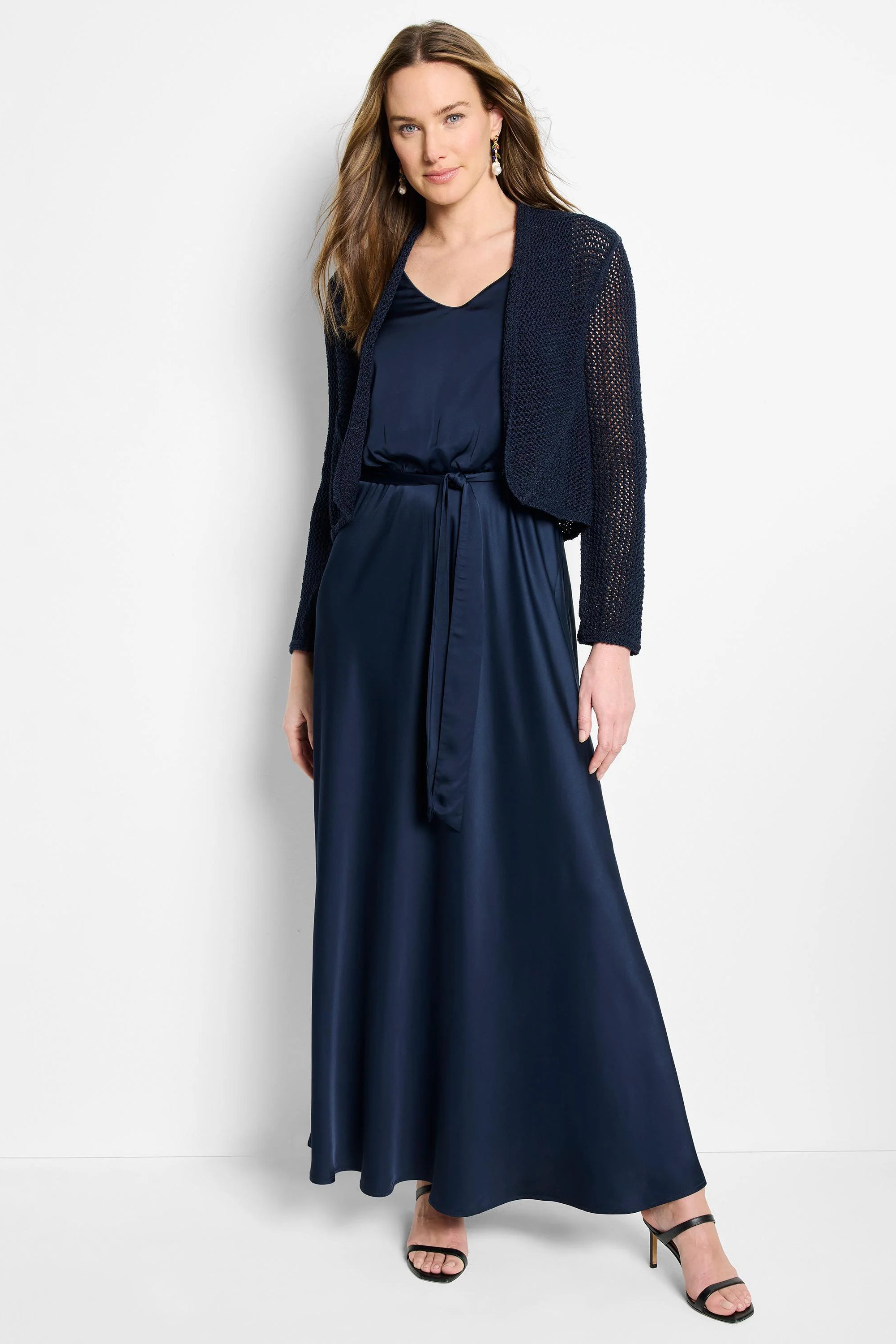 Navy blue open-knit mesh cocoon cardigan.