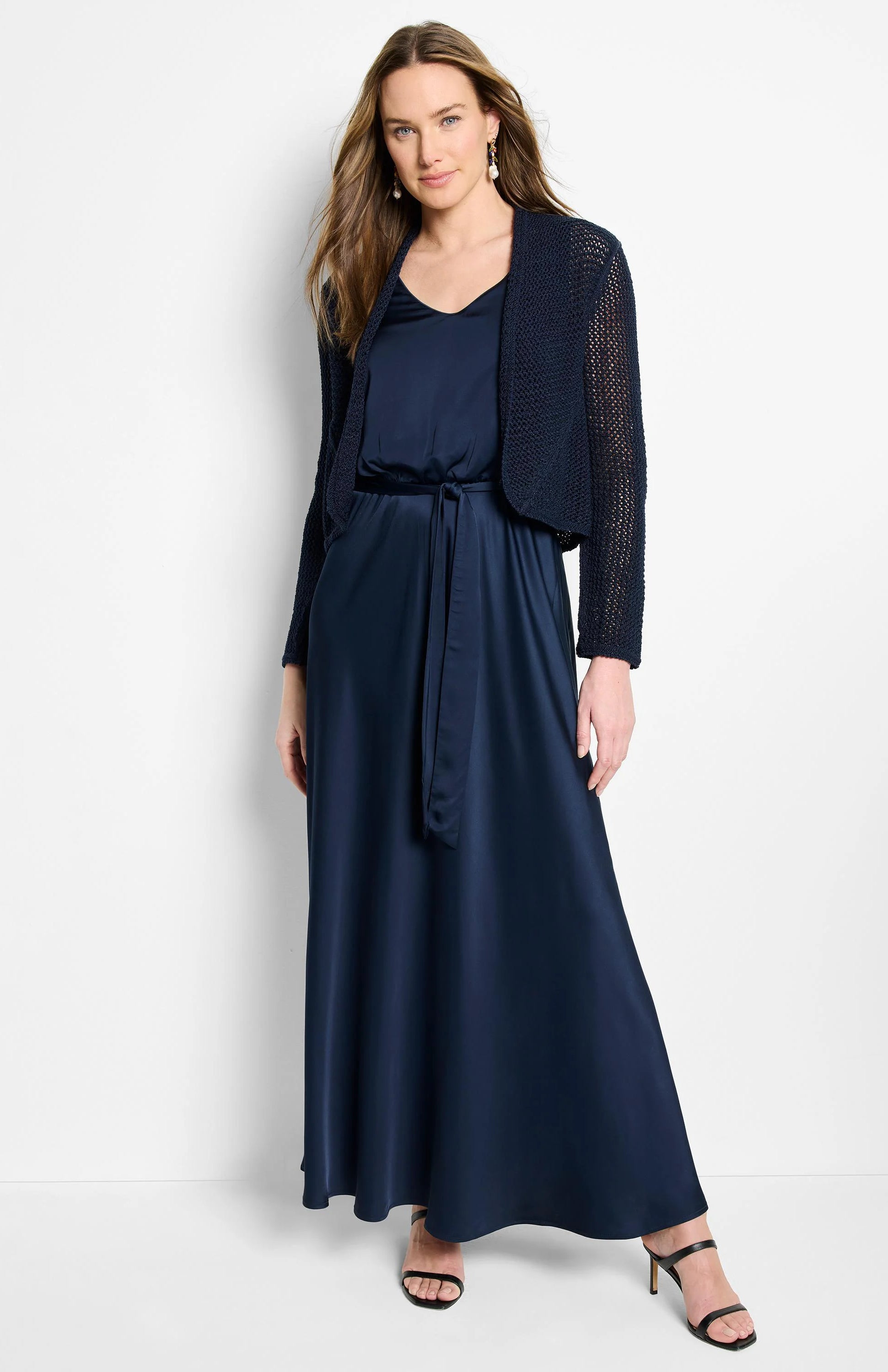 Navy blue open-knit mesh cocoon cardigan.