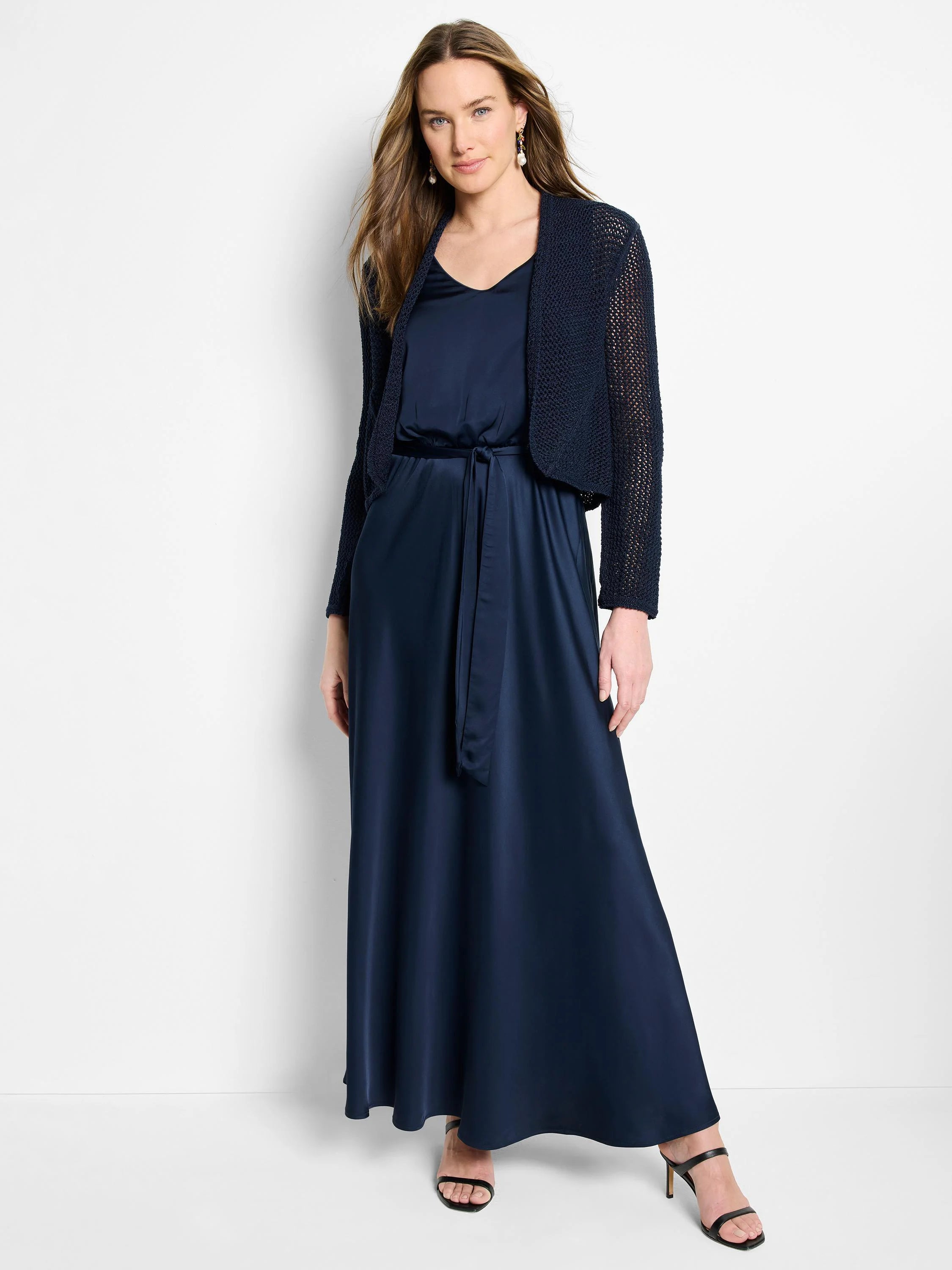 Navy blue open-knit mesh cocoon cardigan.