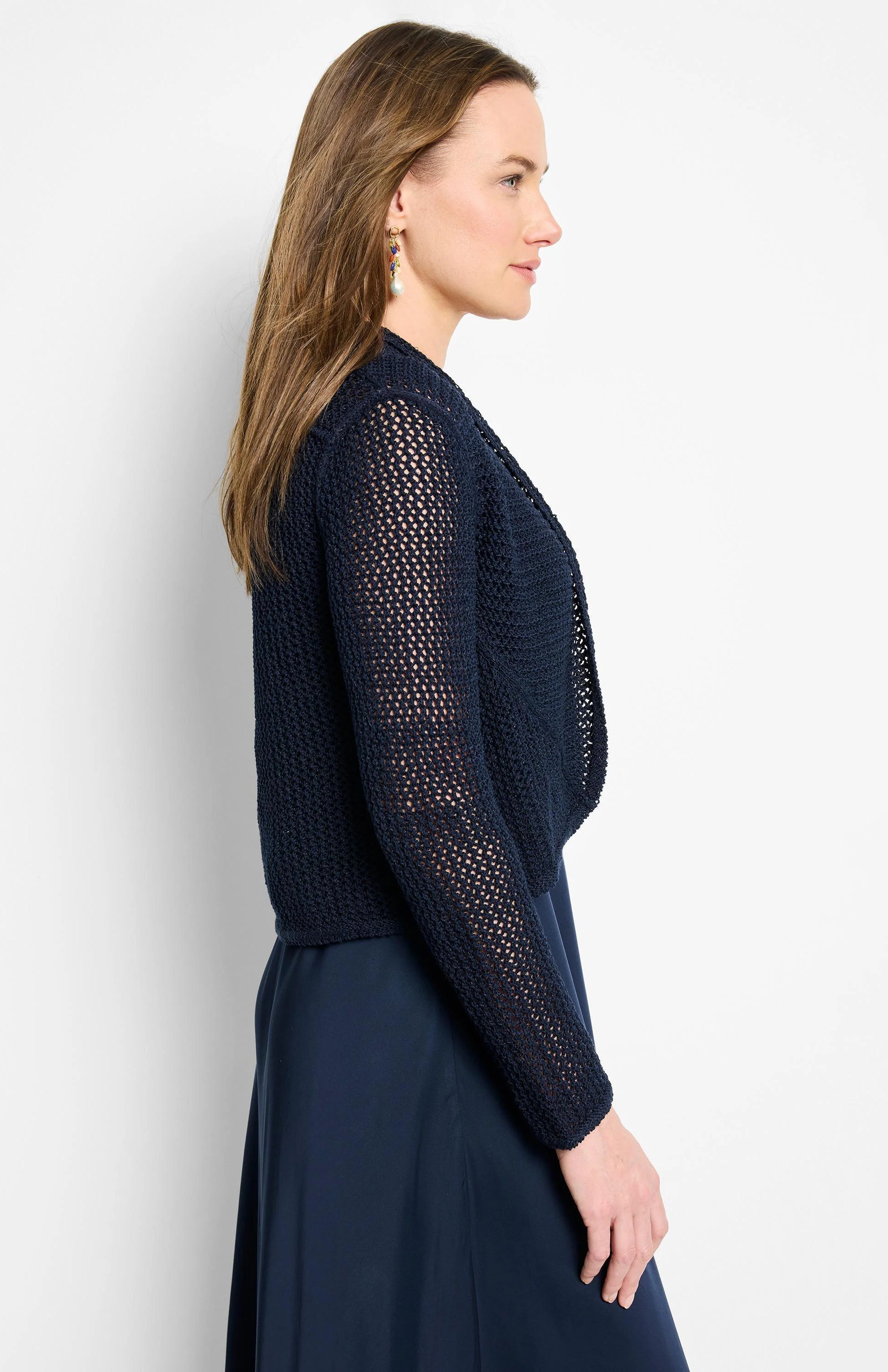 Navy mesh cocoon cardigan. Features open-knit pattern on sleeves and an open front.