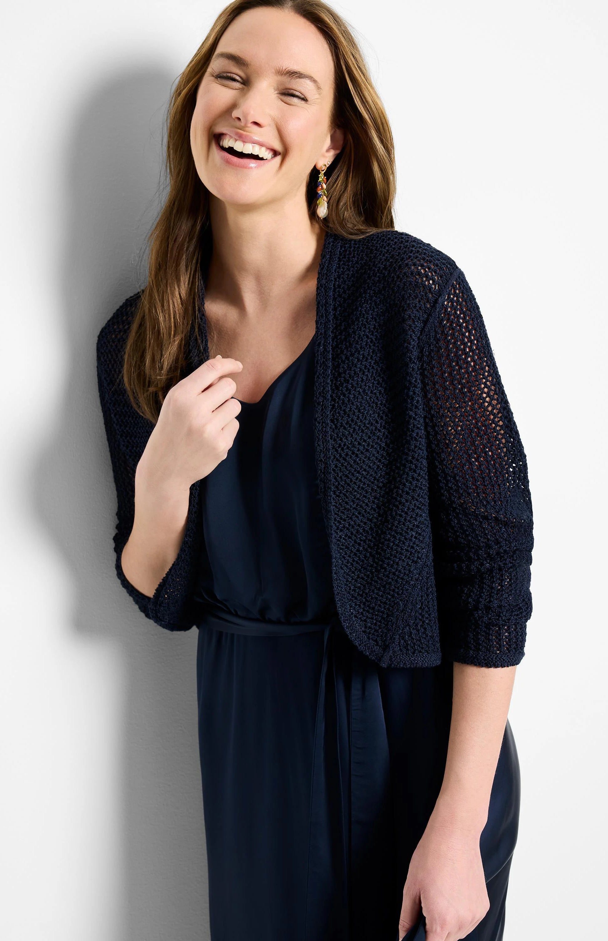 Navy mesh cocoon cardigan, open front with an open knit texture and 3/4 length sleeves.