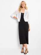 White mesh cocoon cardigan featuring an open front and 3/4 sleeves.