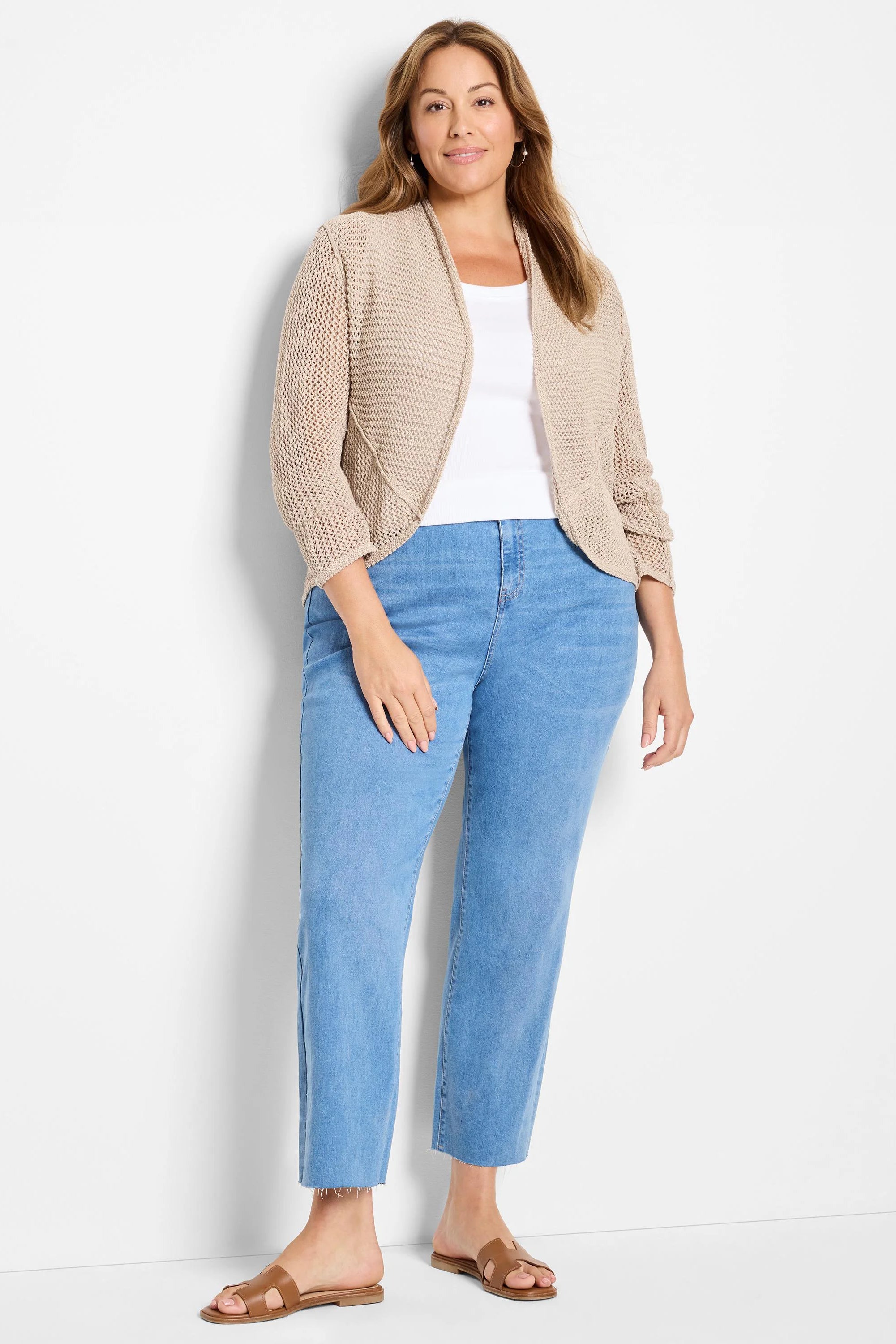 Beige mesh cocoon cardigan, open-front with 3/4 sleeves.
