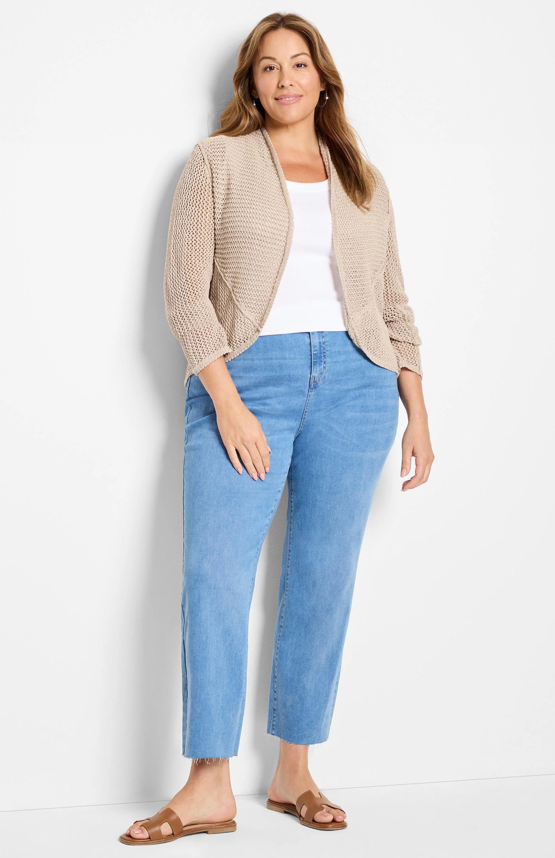 Beige mesh cocoon cardigan, open-front with 3/4 sleeves.