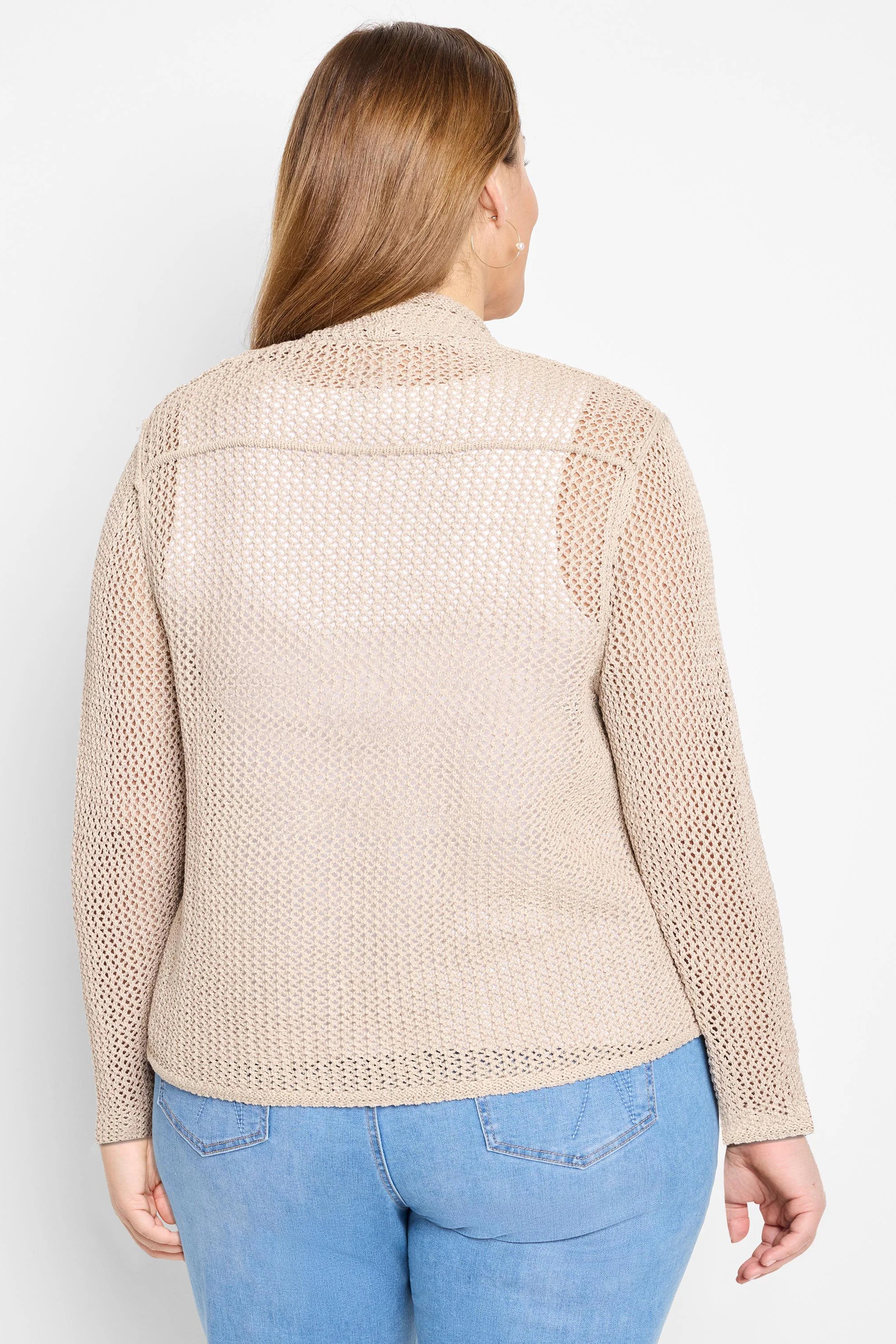 Light beige open-knit mesh cocoon cardigan, back view on model. Loose fit, long sleeves.