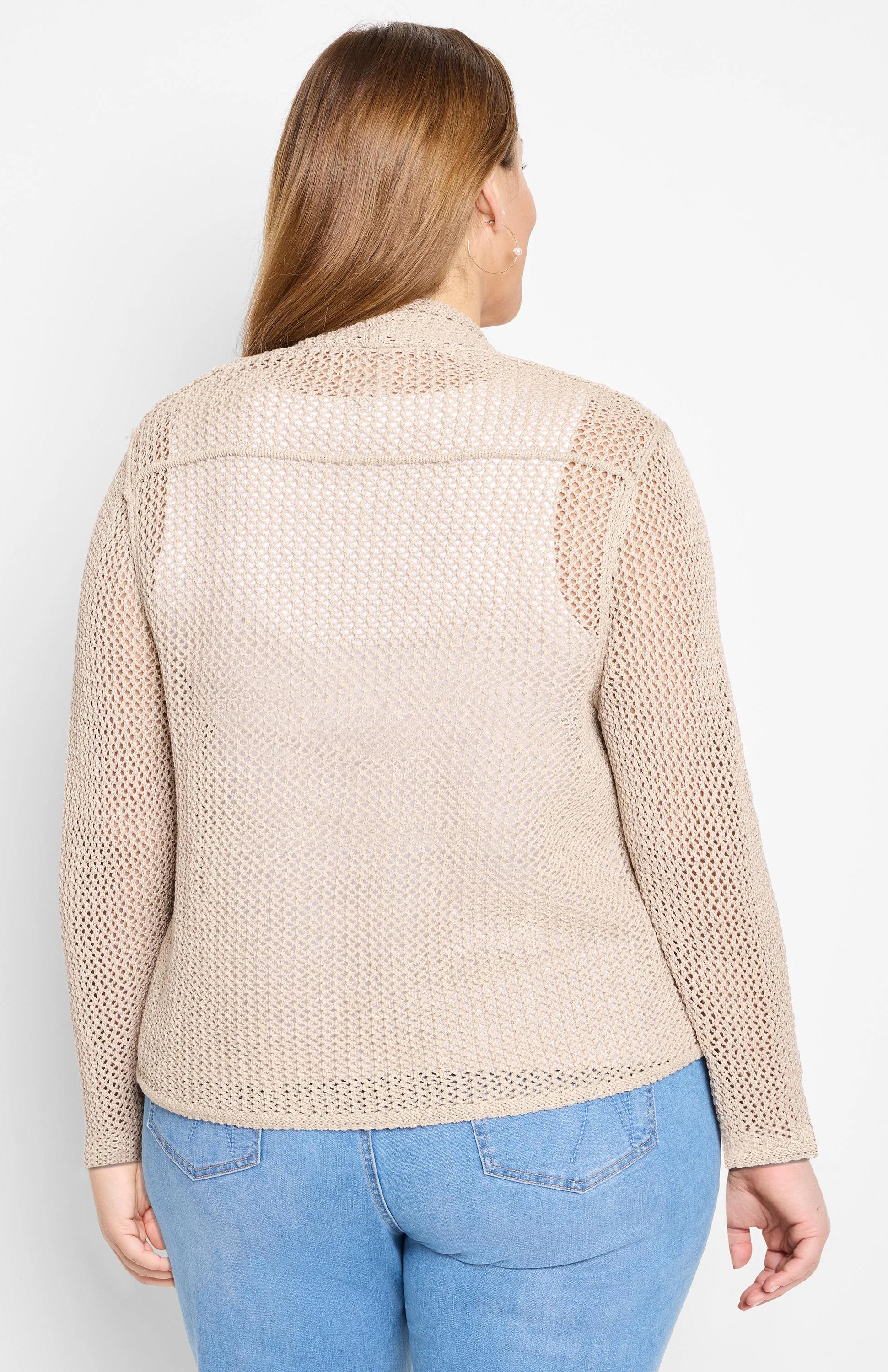 Light beige open-knit mesh cocoon cardigan, back view on model. Loose fit, long sleeves.