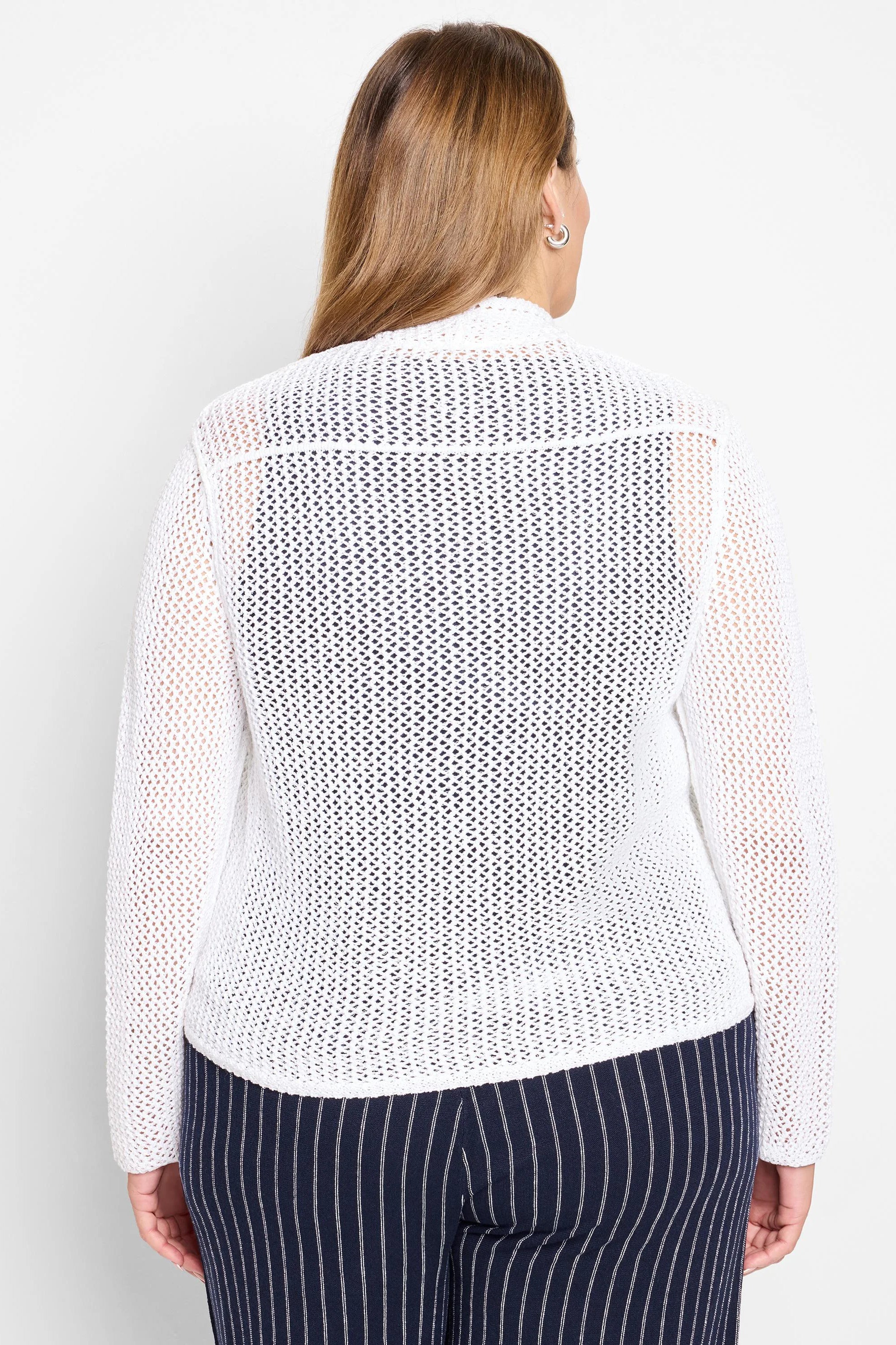 White open-knit mesh cardigan with a loose fit, shown from behind on a model.