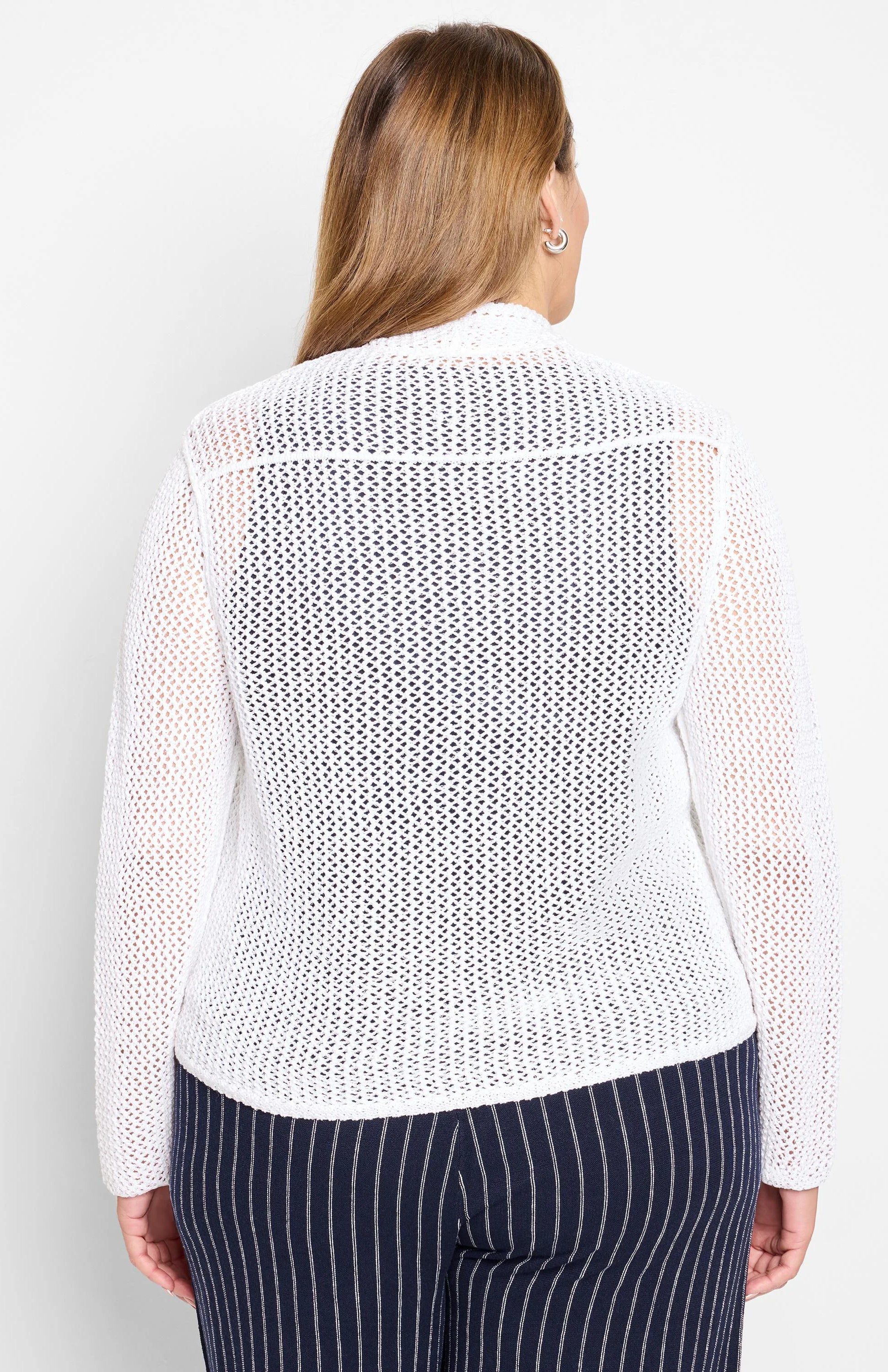 White open-knit mesh cardigan with a loose fit, shown from behind on a model.
