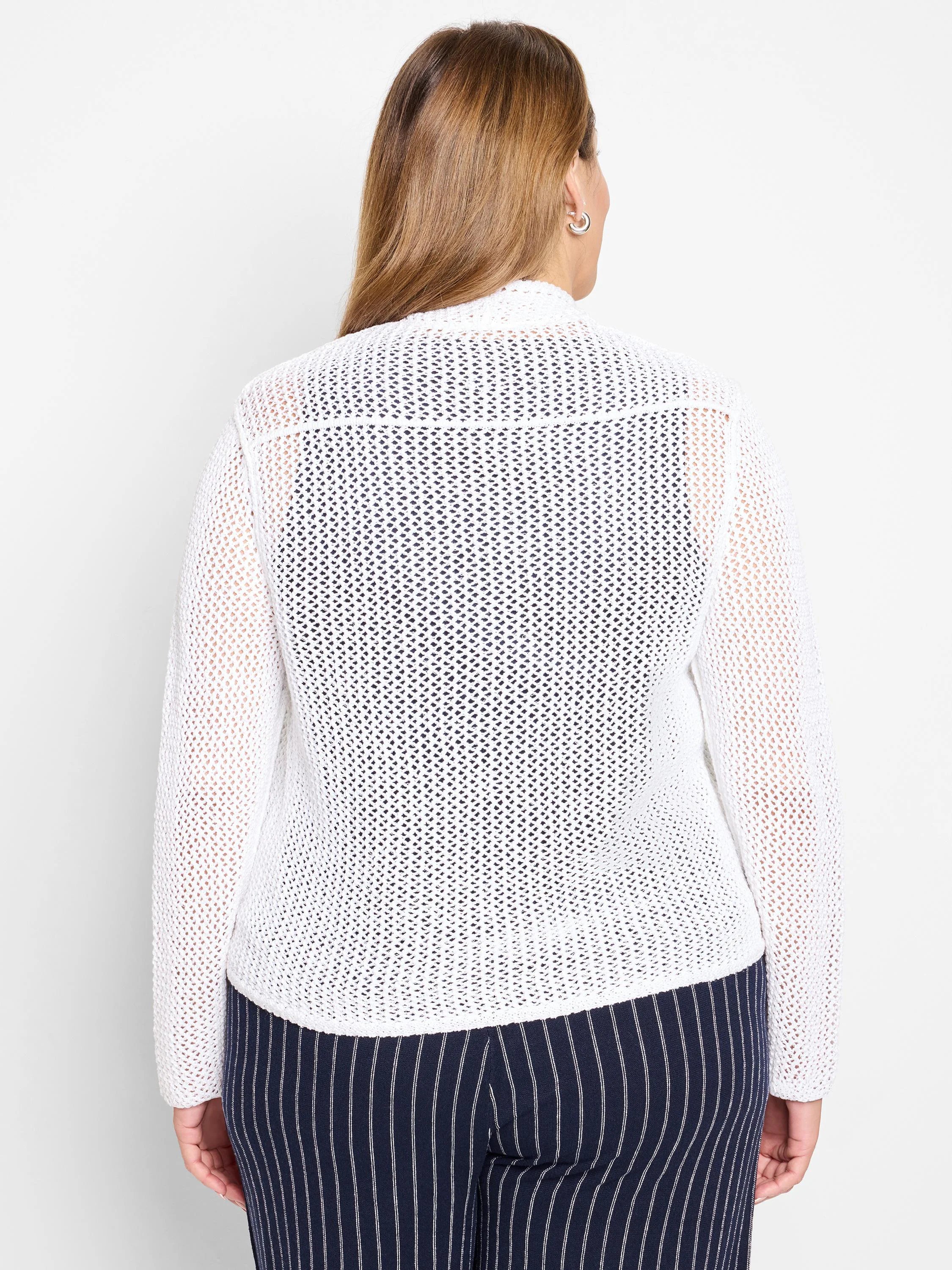 White open-knit mesh cardigan with a loose fit, shown from behind on a model.