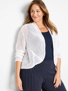 White open-knit cocoon cardigan with an open front and short sleeves.