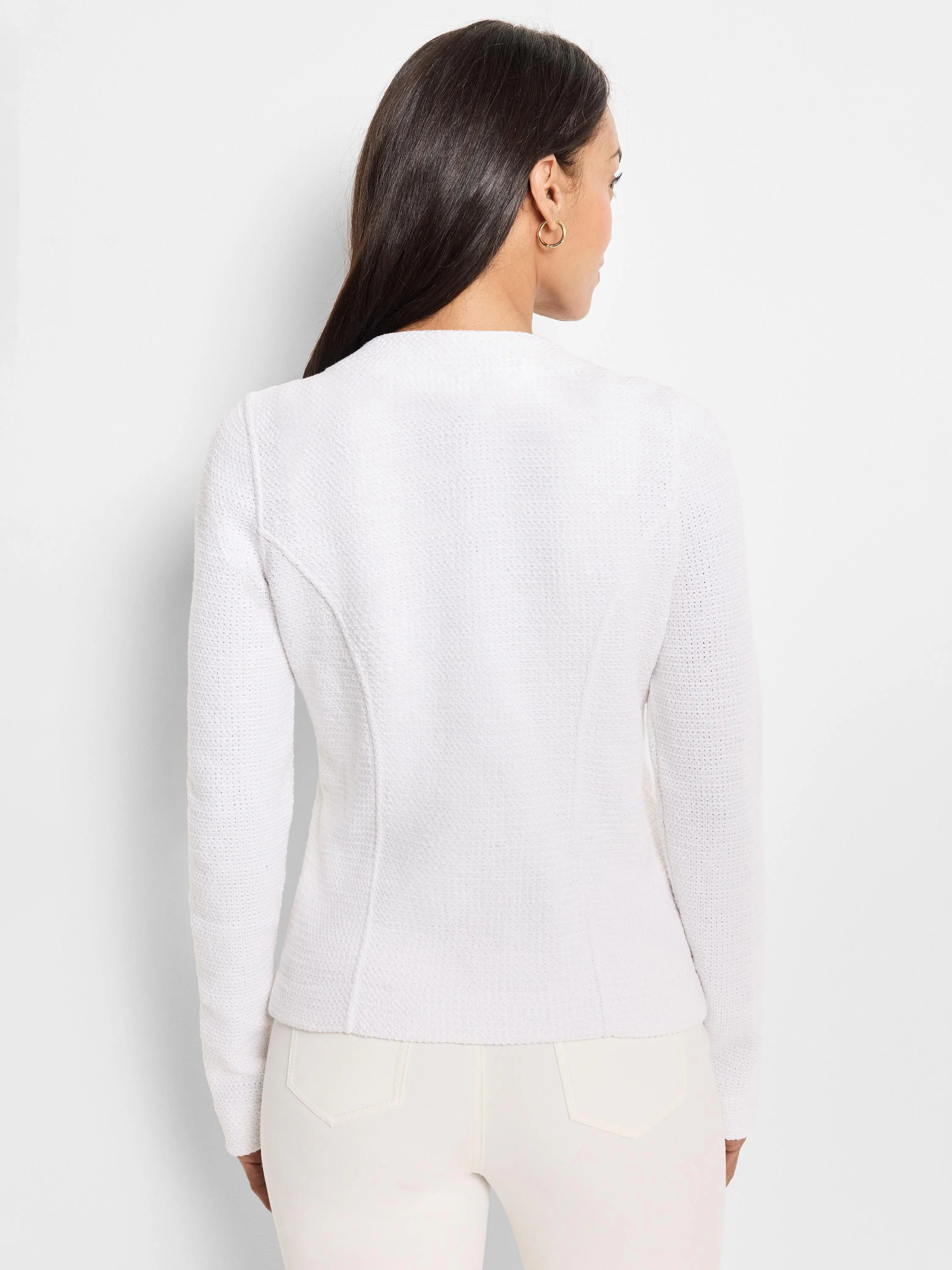 Off-white weave mix knit zip jacket, back view. Features long sleeves and subtle shaping seams.
