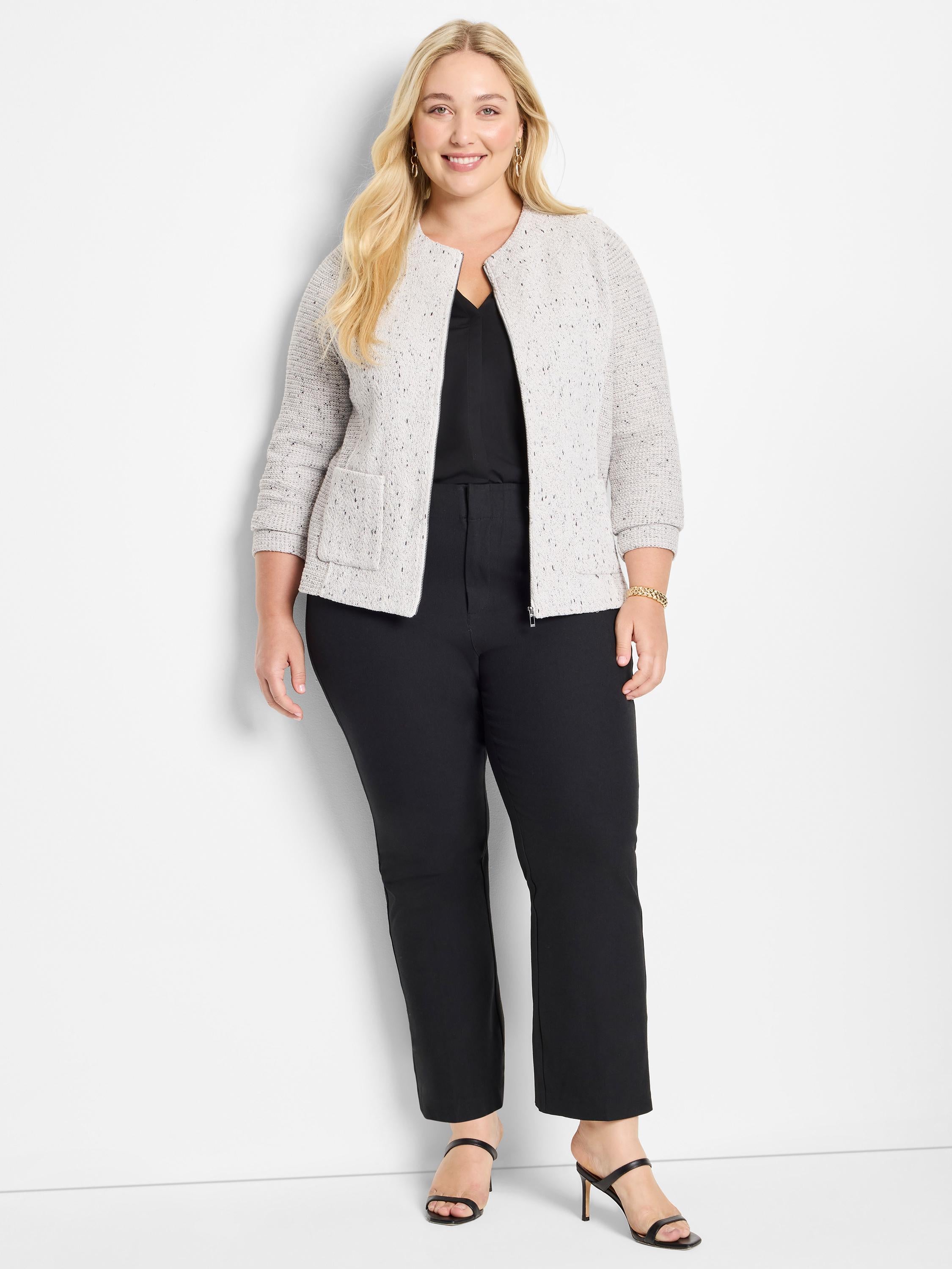 Fitted speckled gray knitted jacket featuring a collarless neckline, front zip closure, and patch pockets.