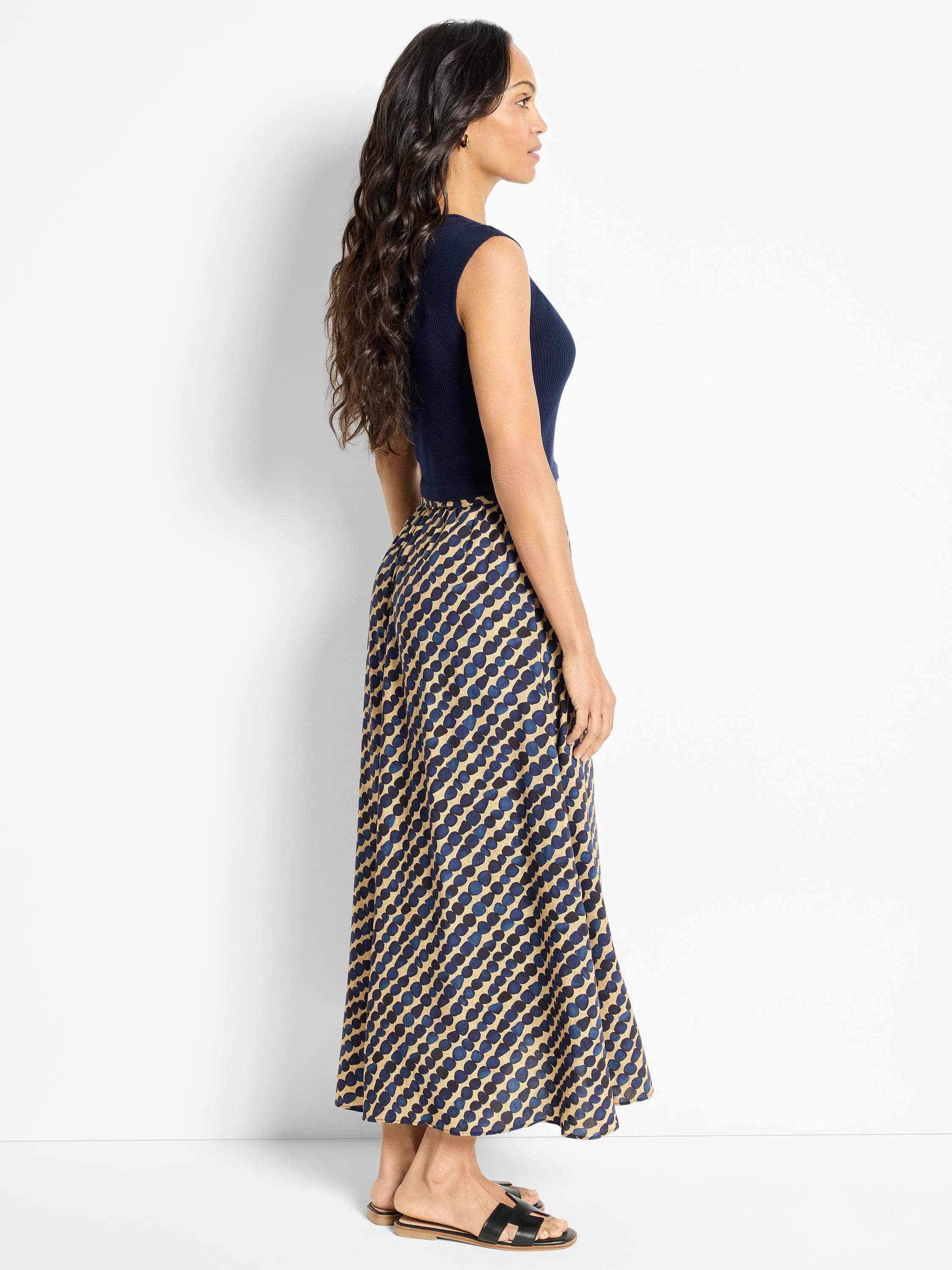 Here's alt text for the image, under 125 characters:
"Pebble Dream dress:  Beige maxi skirt with dark blue pebble...