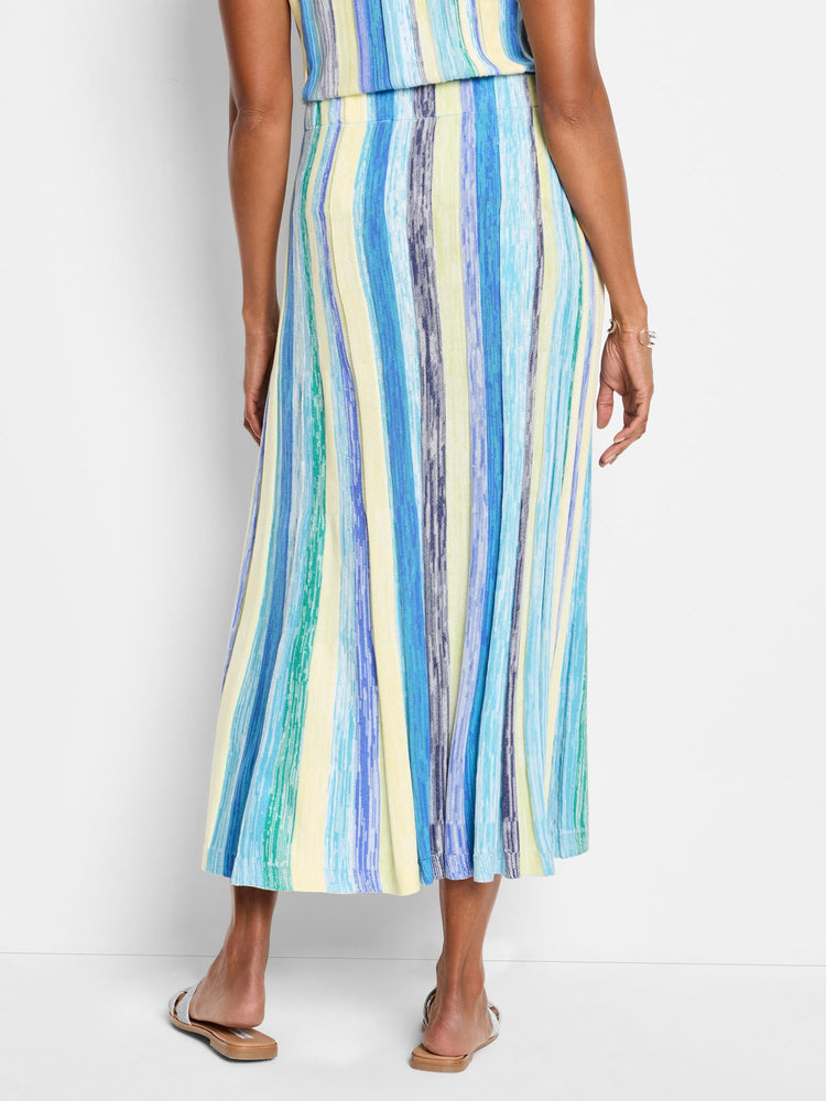 Knit midi skirt in pastel blue, yellow, and green vertical stripes. A-line silhouette.