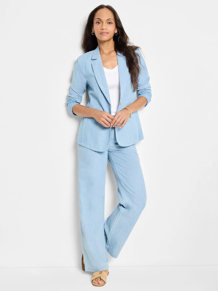 Light blue linen blazer and matching wide-leg pants. Single button closure.