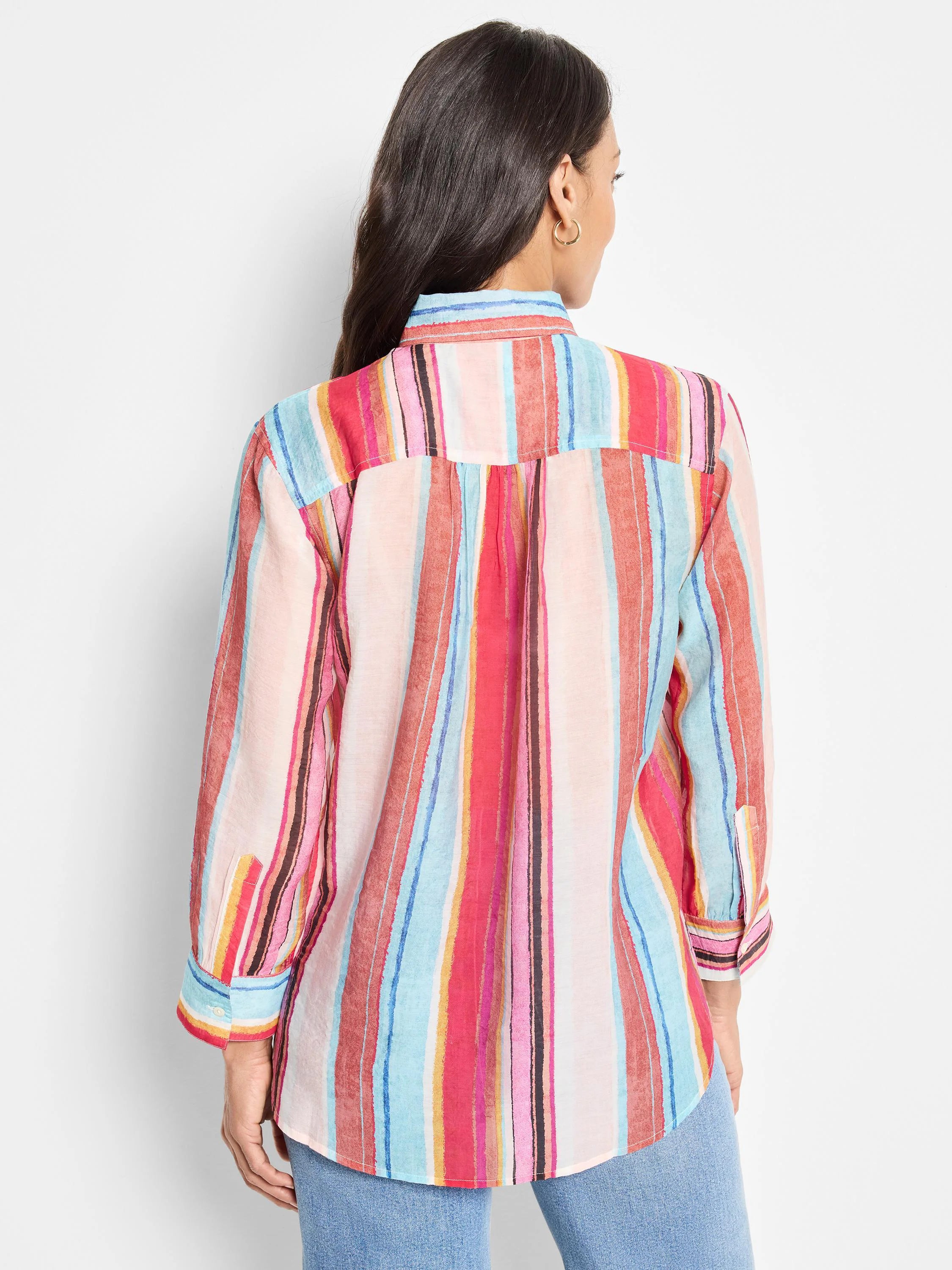 Horizon Breeze Shirt:  Back view shows a vertically striped, long-sleeved shirt in pink, red, blue, and brown hues on a...
