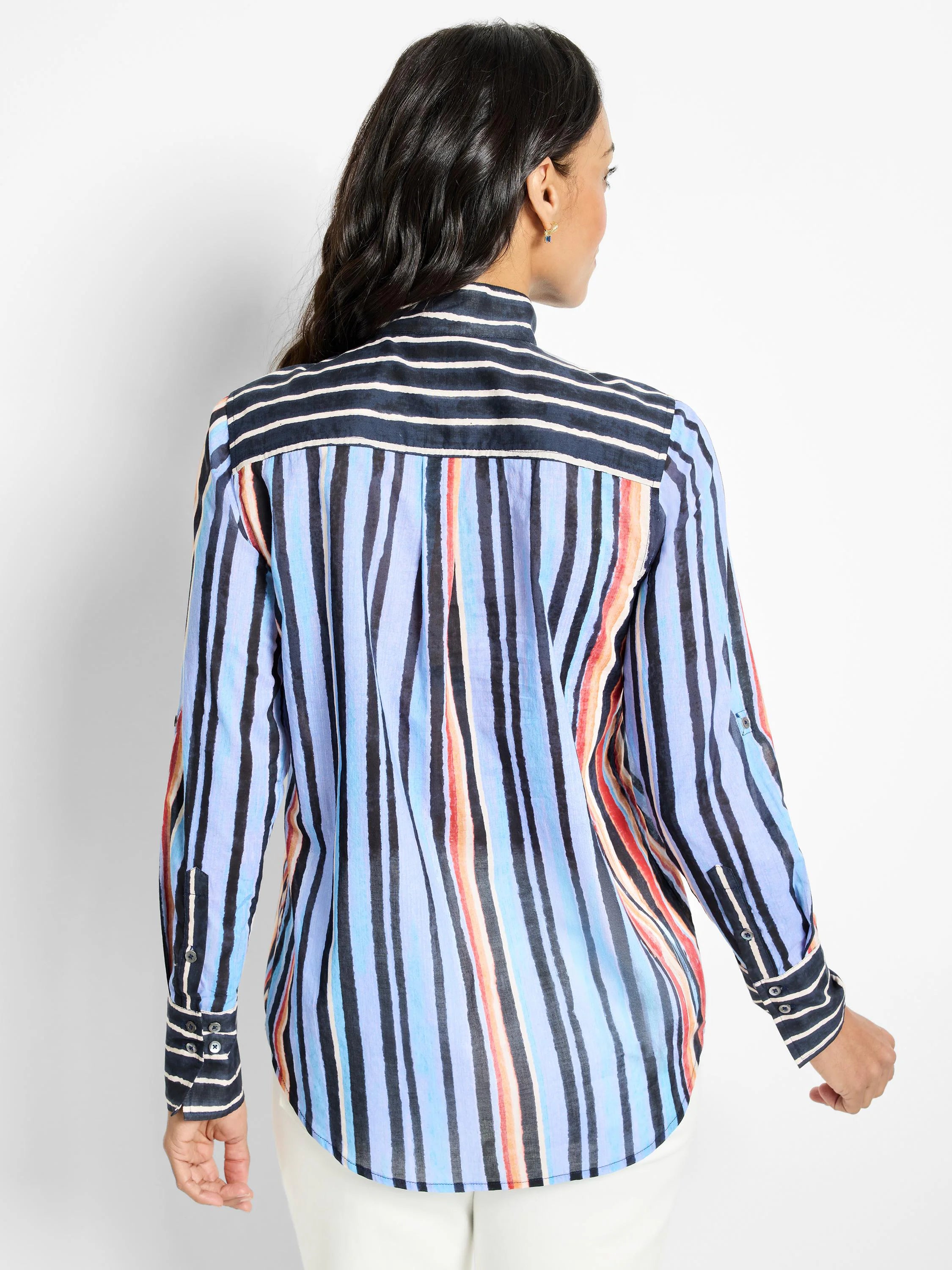 Vertical stripes in blue, black, orange, and cream on a long-sleeve button-down shirt.