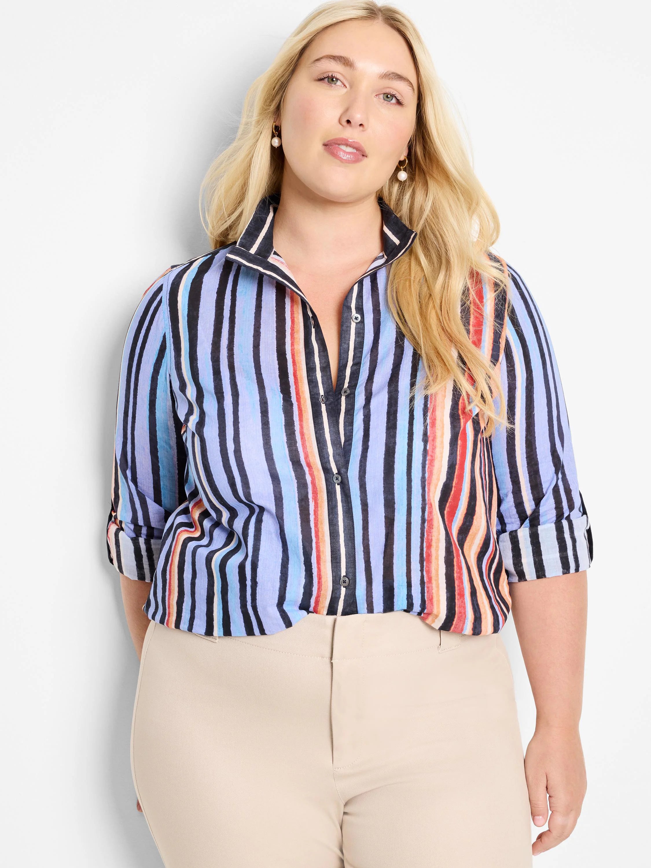 Cotton shirt with vertical stripes in blue, black, orange, and red hues. Three-quarter sleeves, button-front closure.