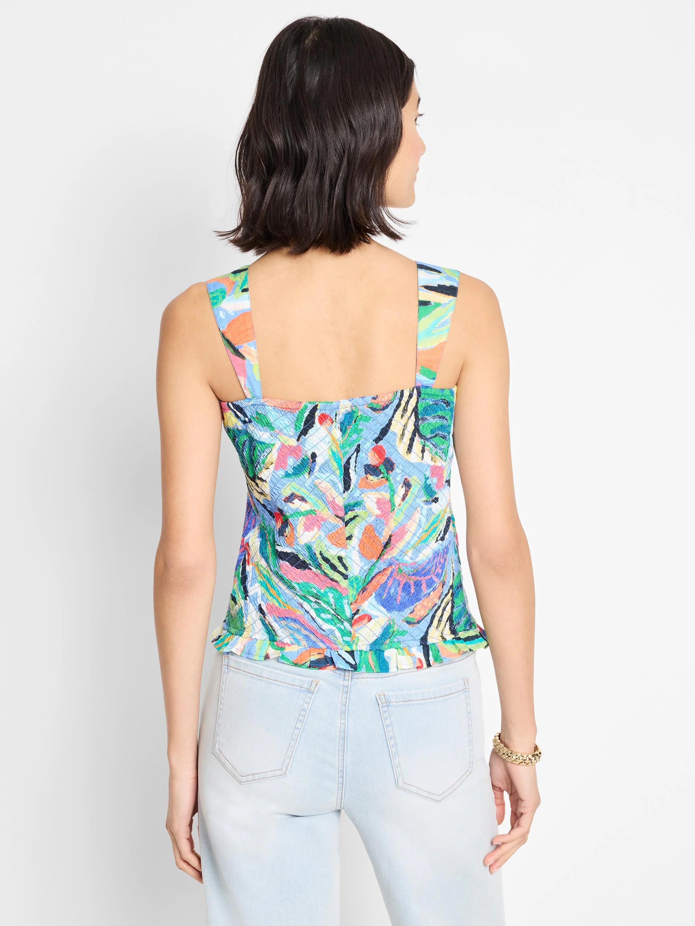 Smocked tank top with vibrant abstract print in blues, greens, pinks, and oranges. Square neckline and thin straps. ...
