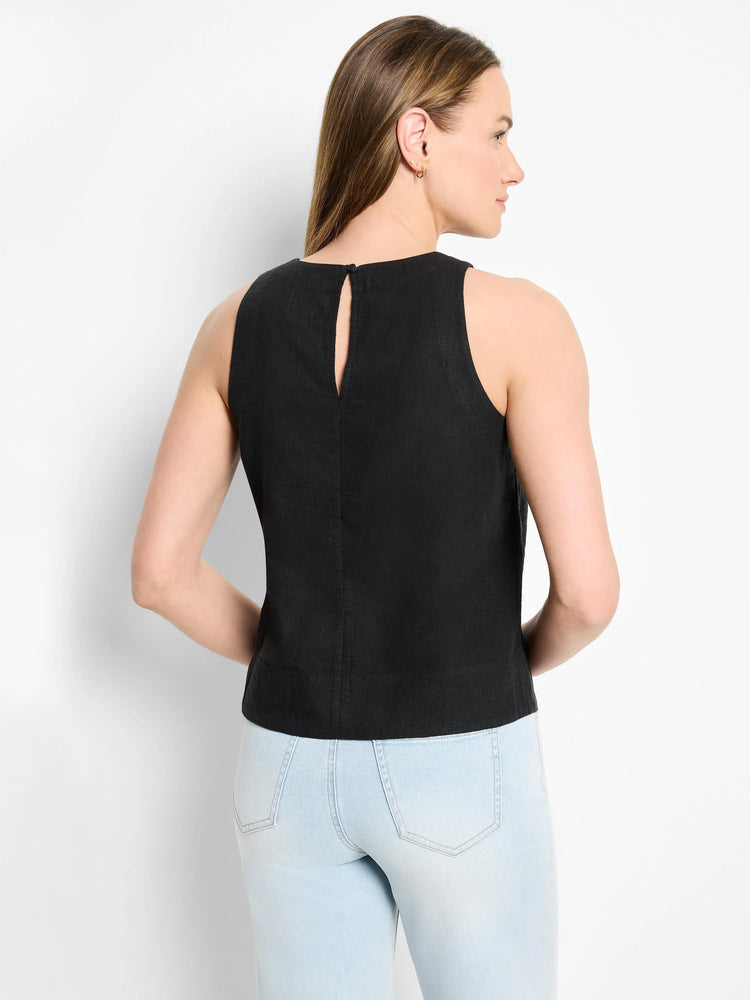 Black linen sleeveless top, keyhole back. Shown from the back.