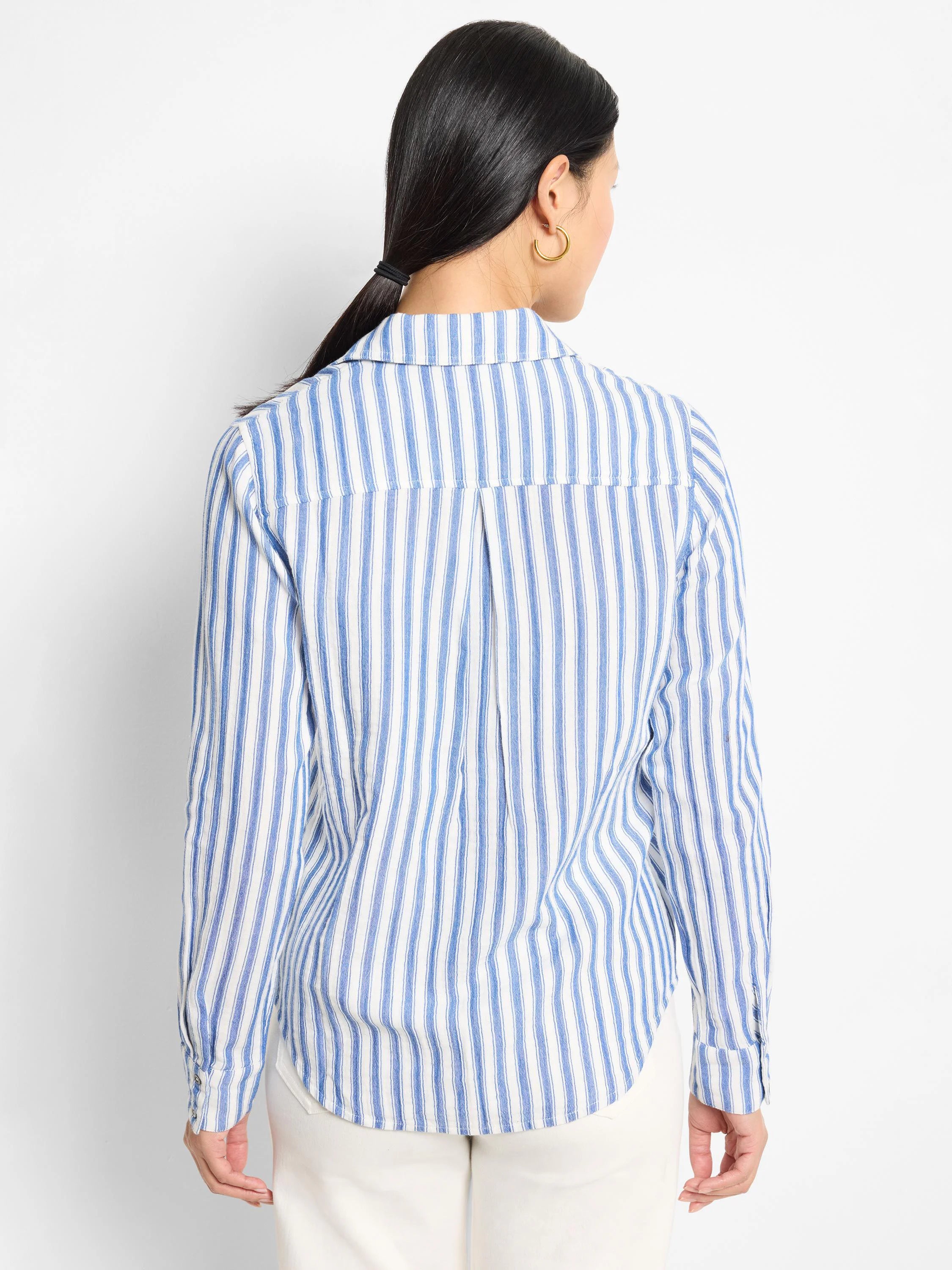 Back view of blue and white vertical striped shirt; long sleeves, collared.