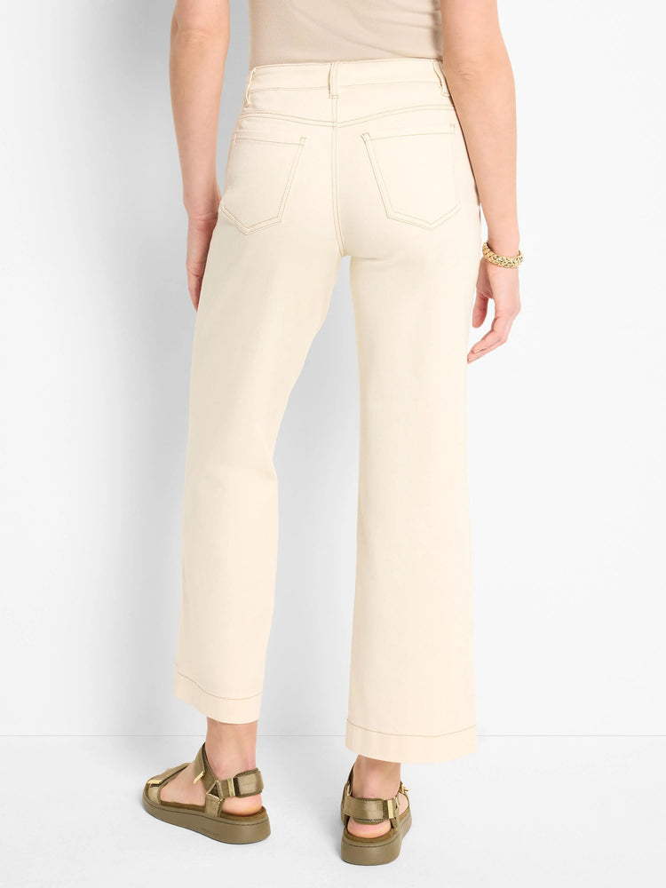 Off-white wide-leg jeans, back view. Features subtle topstitching.