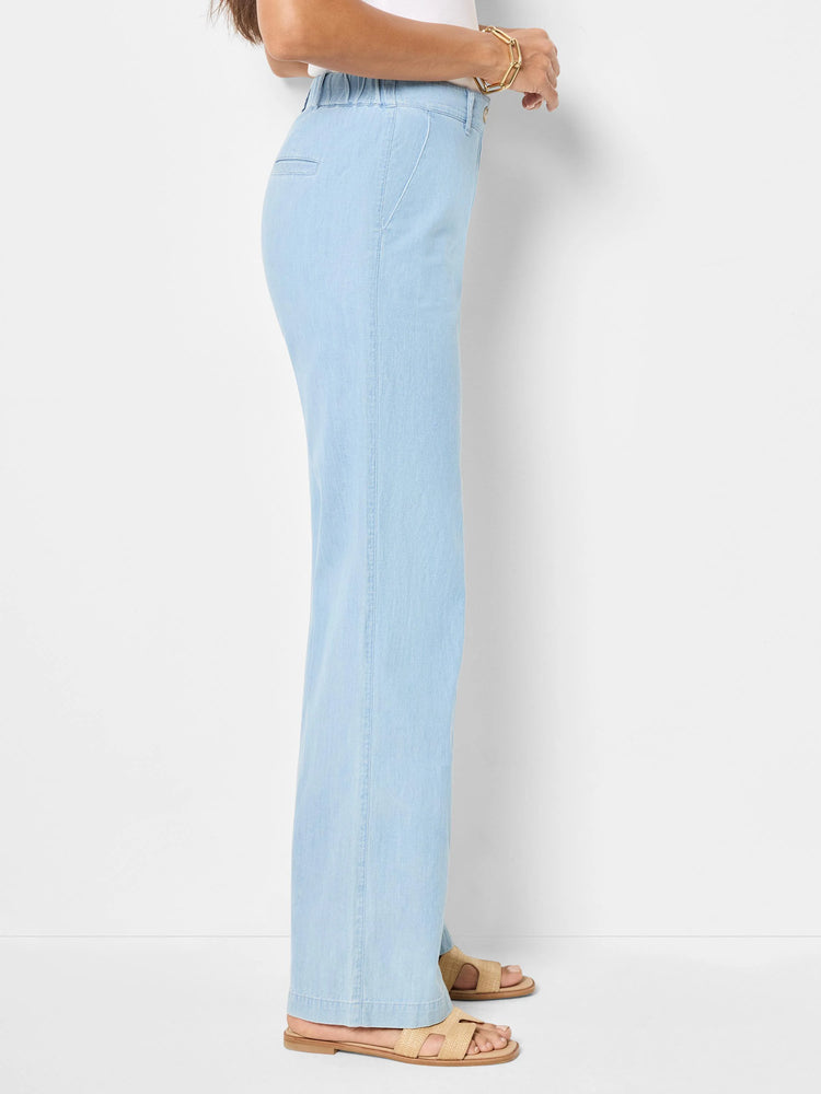 Light blue denim wide-leg pants; straight, ankle-length.