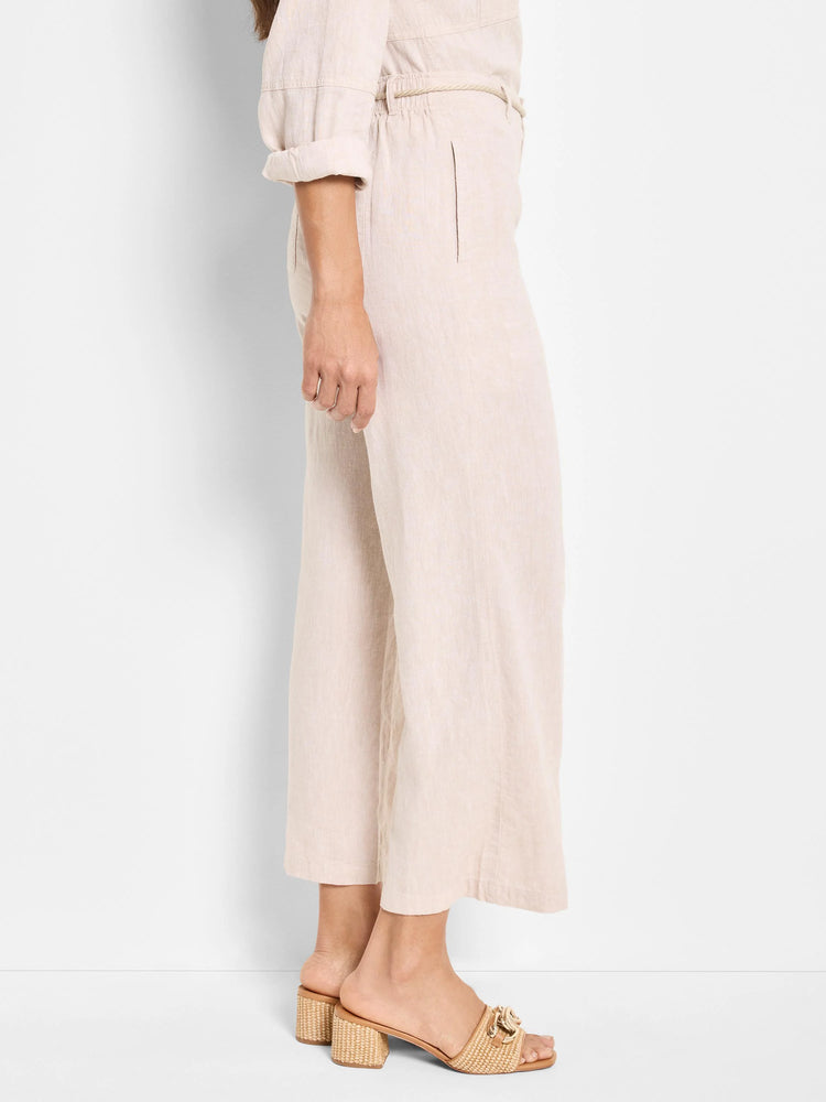 Beige linen wide-leg pants with a light beige rope belt. Side view.