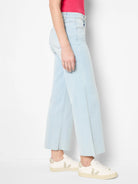 Light blue, wide-leg, cropped jeans with a raw hem.