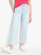 Light blue, cropped wide leg jeans with a frayed raw hem.