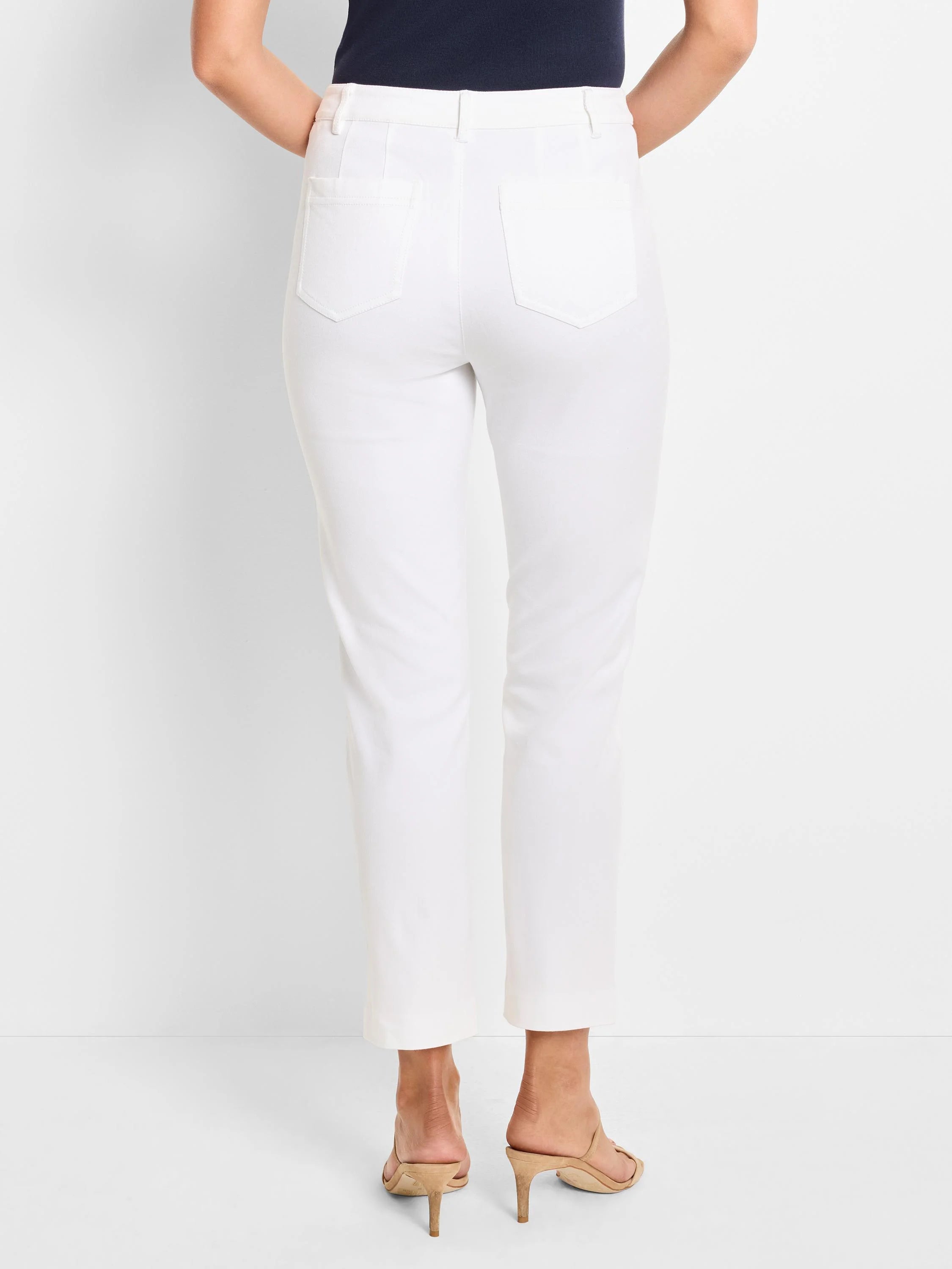 White straight-leg pants; back view. Features two back pockets.