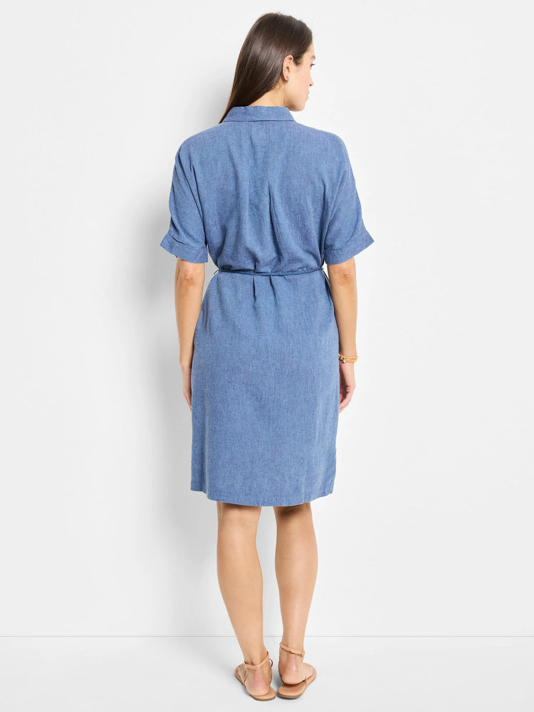 Blue linen belted shirt dress, short sleeves, knee-length. Back view.