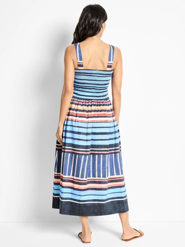 Midi-length sleeveless dress, blue, orange, and red horizontal stripes on dark background. Square neck.