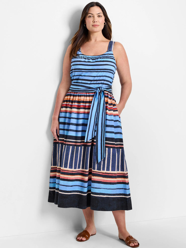 Midi-length sleeveless dress with horizontal stripes in blue, navy, orange, and beige. Self-tie belt.