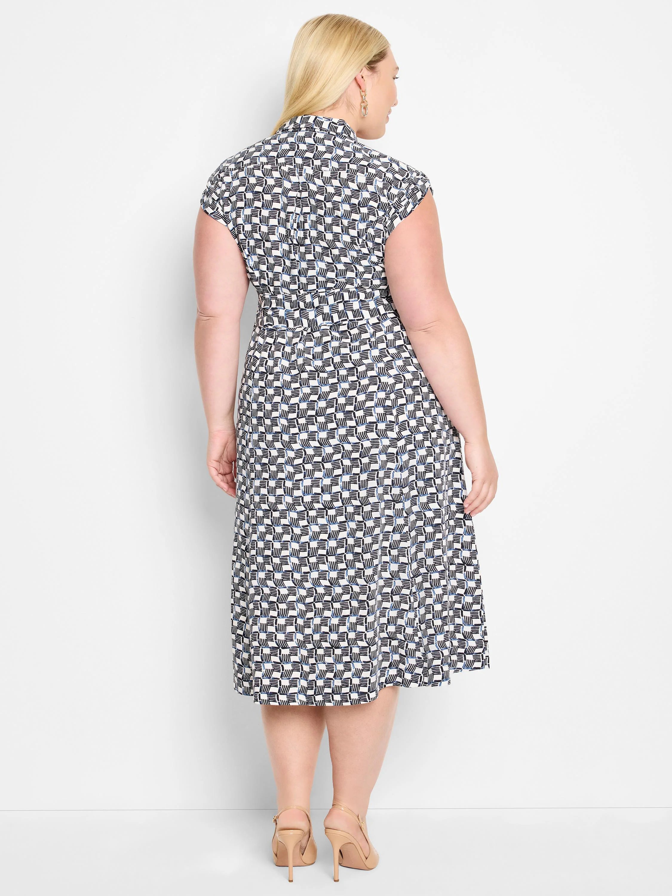 Midi dress, black, white & blue geometric print, short sleeves, collared neckline.