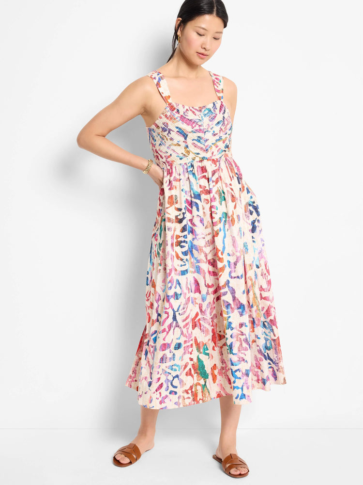 Midi dress, off-white base with multicolored abstract print (pink, blue, orange). Square neck, thin straps.